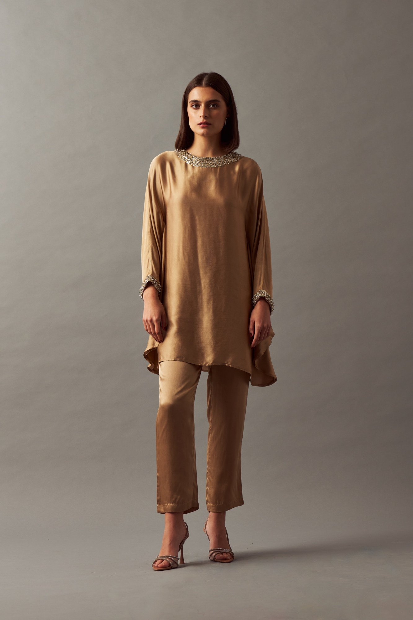 LEILA 02 GOLD COLOR KAFTAN TUNIC AND PANTS CO-ORD SET