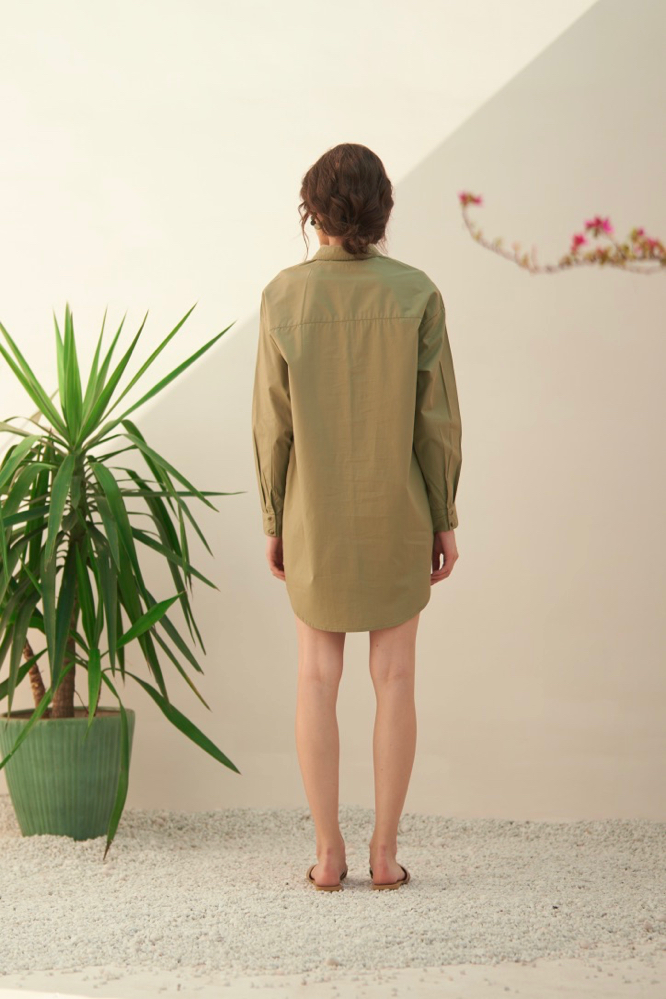 MALIBU LIGHT OLIVE COTTON POPLIN KNEE LENGTH SUMMER DRESS WITH FULL SLEEVES  APPLIQU EMBROIDERY