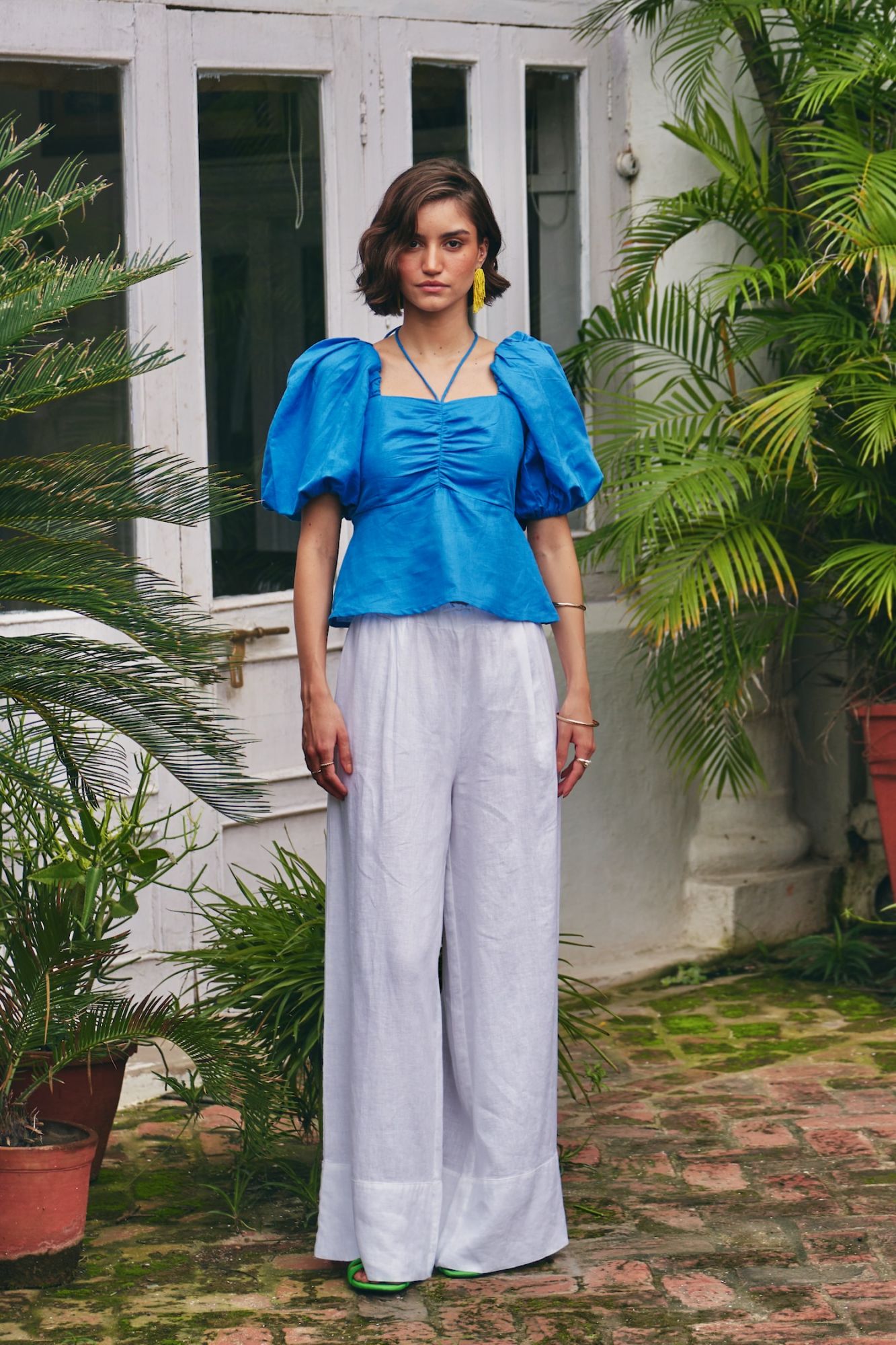 FLORENTINA SOLID COBALT BLUE COLOR LINEN FABRIC SUMMER TOP WITH ELBOW LENGTH SLEEVES