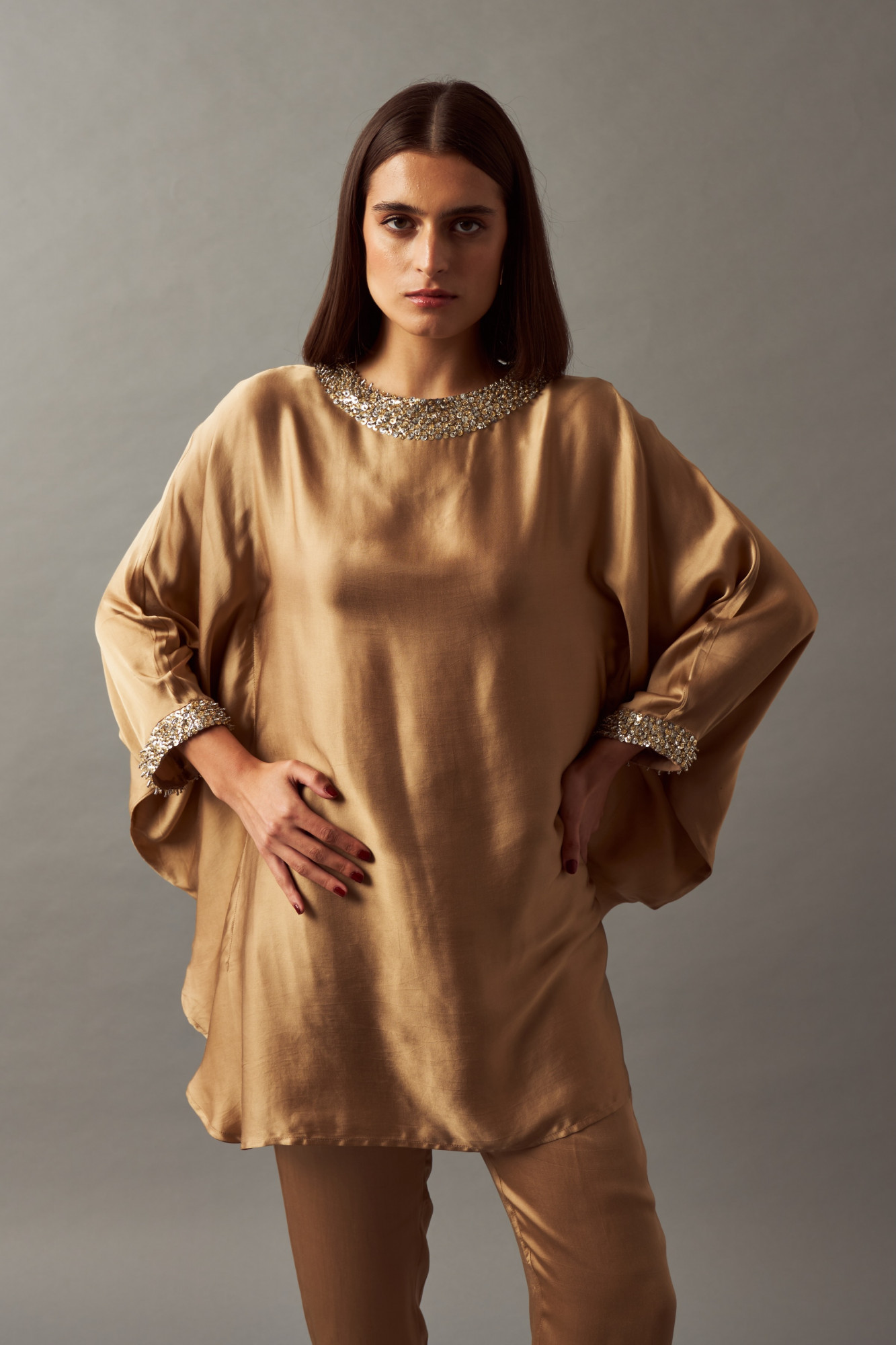 LEILA 02 GOLD COLOR KAFTAN TUNIC AND PANTS CO-ORD SET