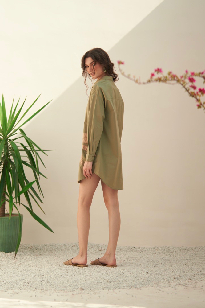 MALIBU LIGHT OLIVE COTTON POPLIN KNEE LENGTH SUMMER DRESS WITH FULL SLEEVES  APPLIQU EMBROIDERY