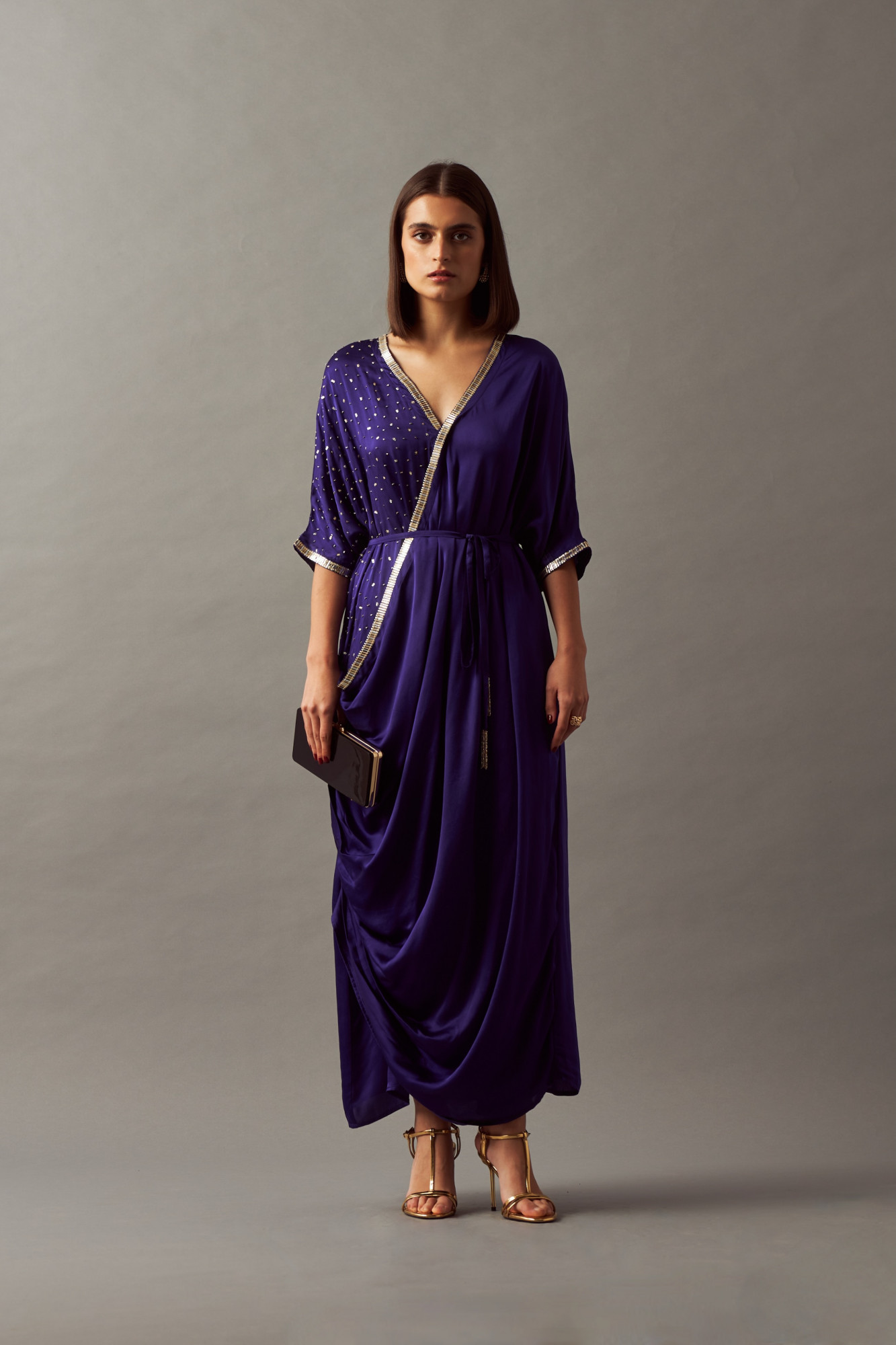 LEILA 02 INDIGO BLUE COLOR MIDI LENGTH DRAPE DRESS WITH SASH