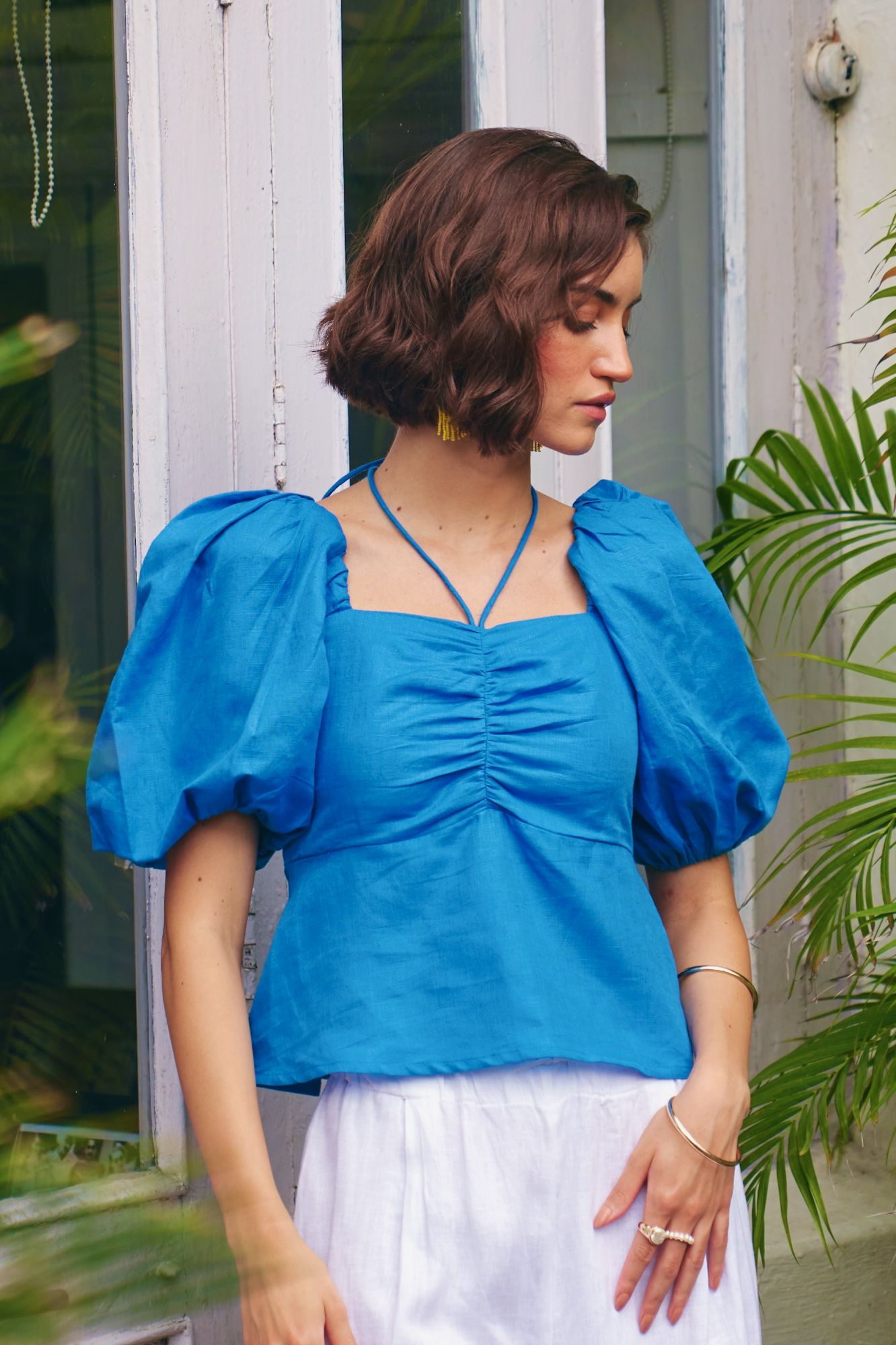 FLORENTINA SOLID COBALT BLUE COLOR LINEN FABRIC SUMMER TOP WITH ELBOW LENGTH SLEEVES