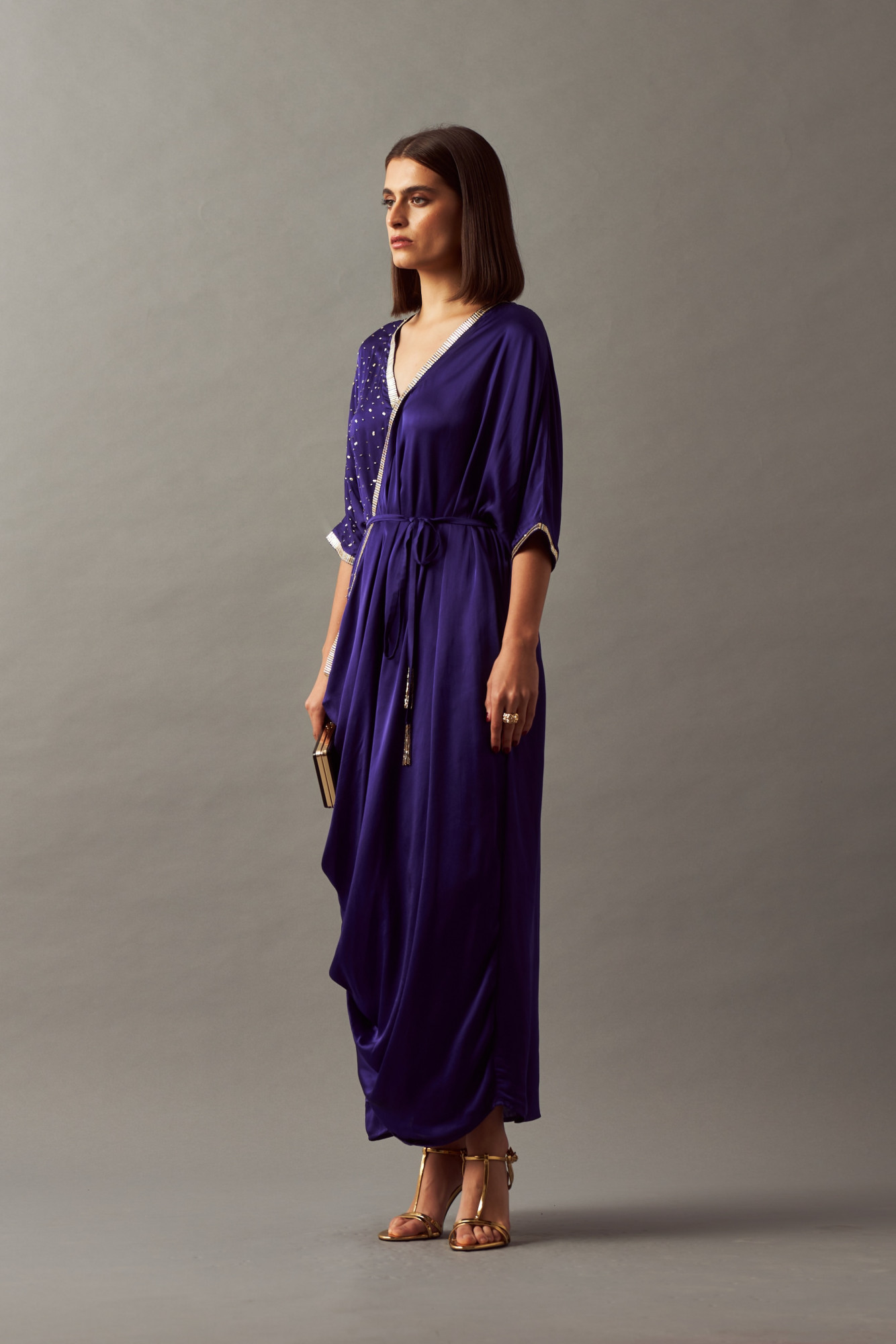 LEILA 02 INDIGO BLUE COLOR MIDI LENGTH DRAPE DRESS WITH SASH