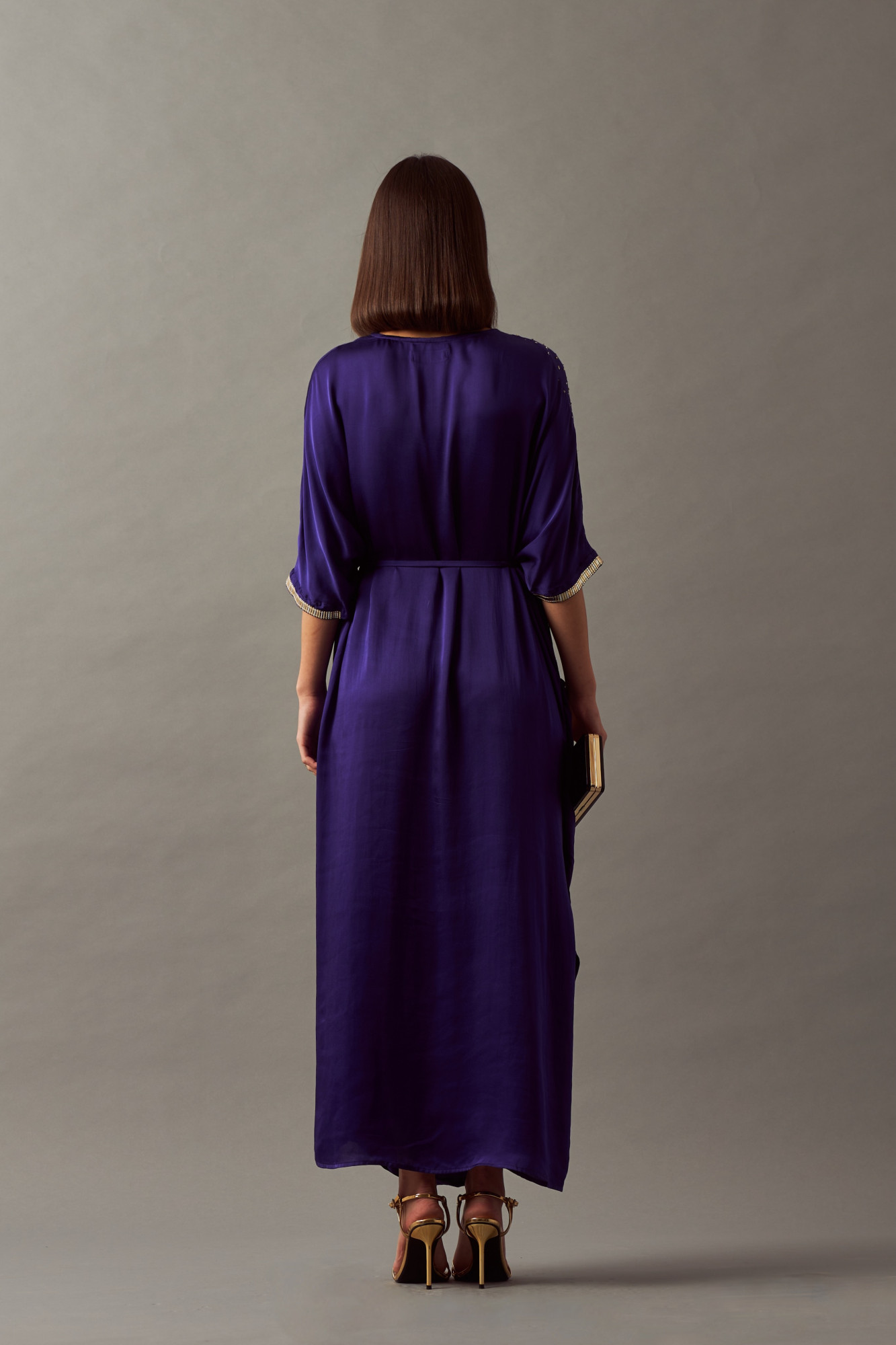 LEILA 02 INDIGO BLUE COLOR MIDI LENGTH DRAPE DRESS WITH SASH