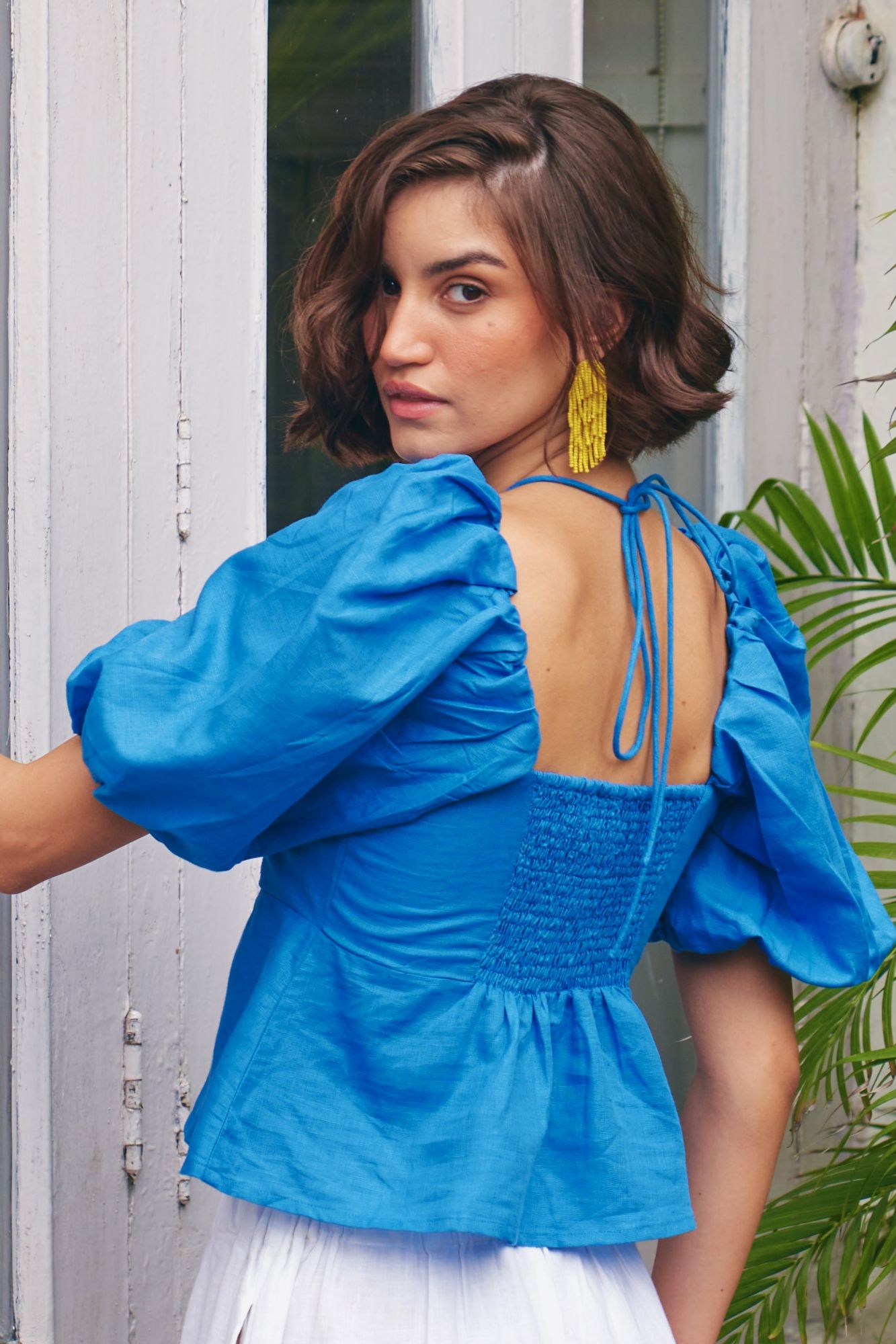 FLORENTINA SOLID COBALT BLUE COLOR LINEN FABRIC SUMMER TOP WITH ELBOW LENGTH SLEEVES