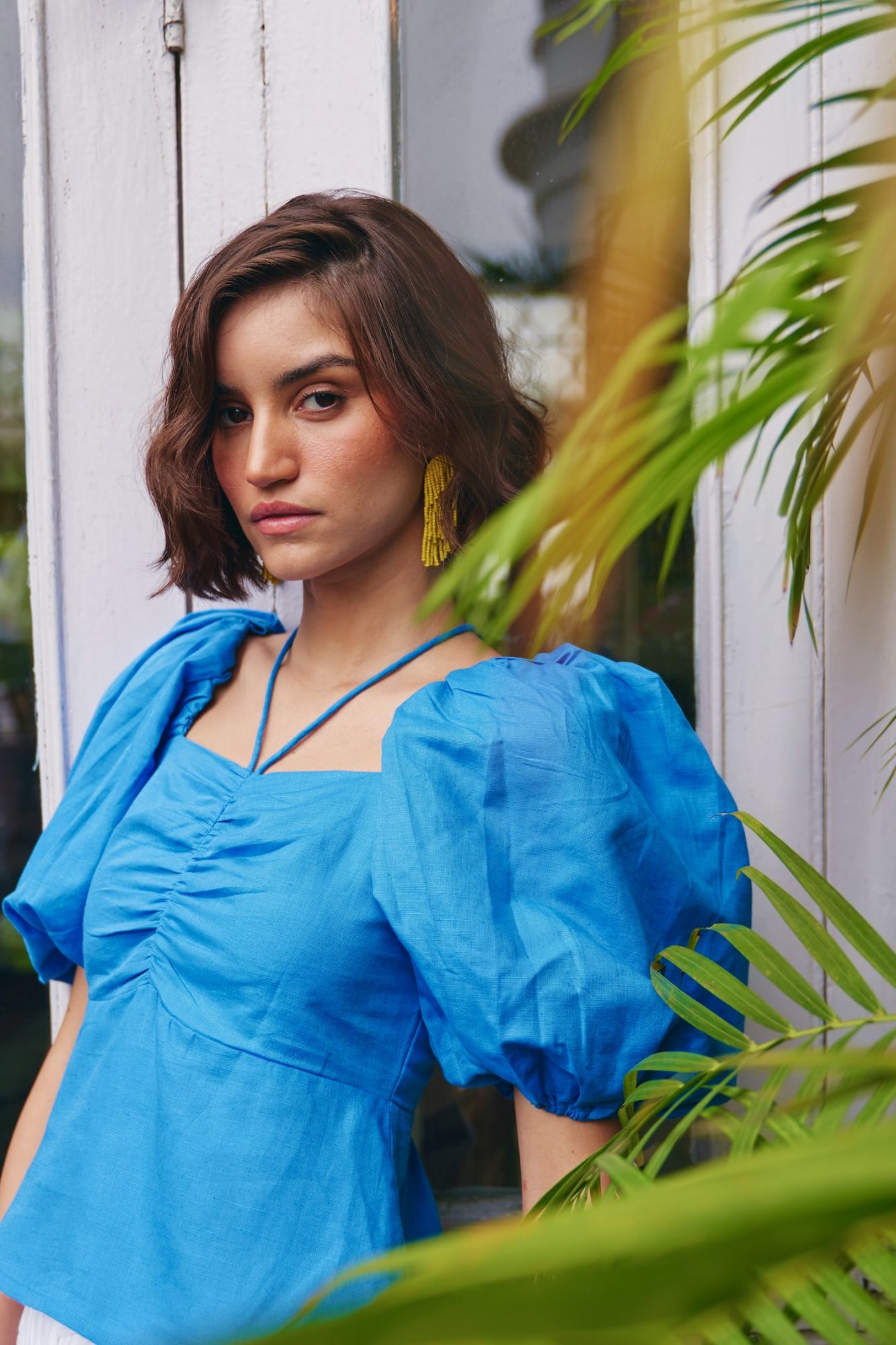 FLORENTINA SOLID COBALT BLUE COLOR LINEN FABRIC SUMMER TOP WITH ELBOW LENGTH SLEEVES