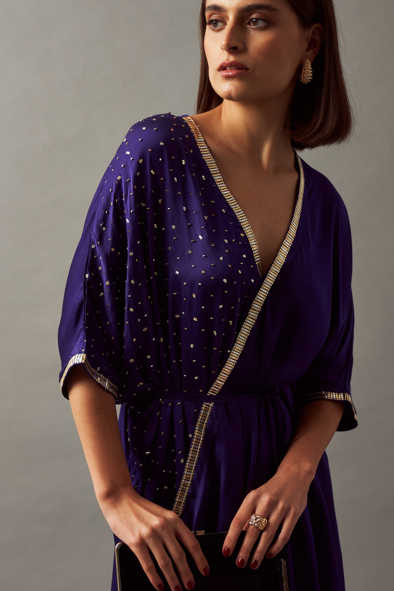 LEILA 02 INDIGO BLUE COLOR MIDI LENGTH DRAPE DRESS WITH SASH