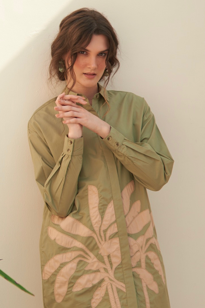 MALIBU LIGHT OLIVE COTTON POPLIN KNEE LENGTH SUMMER DRESS WITH FULL SLEEVES APPLIQU EMBROIDERY