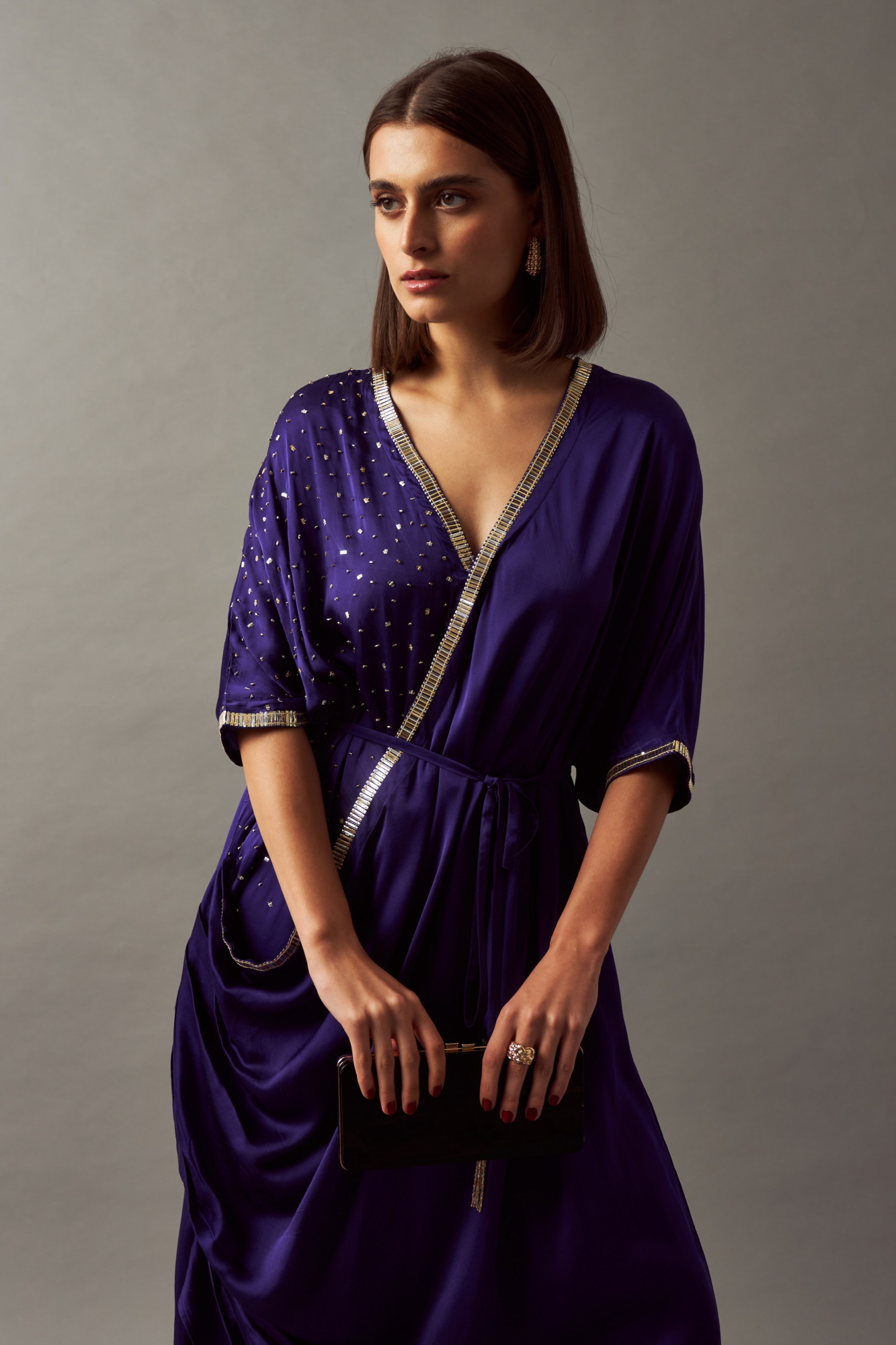 LEILA 02 INDIGO BLUE COLOR MIDI LENGTH DRAPE DRESS WITH SASH