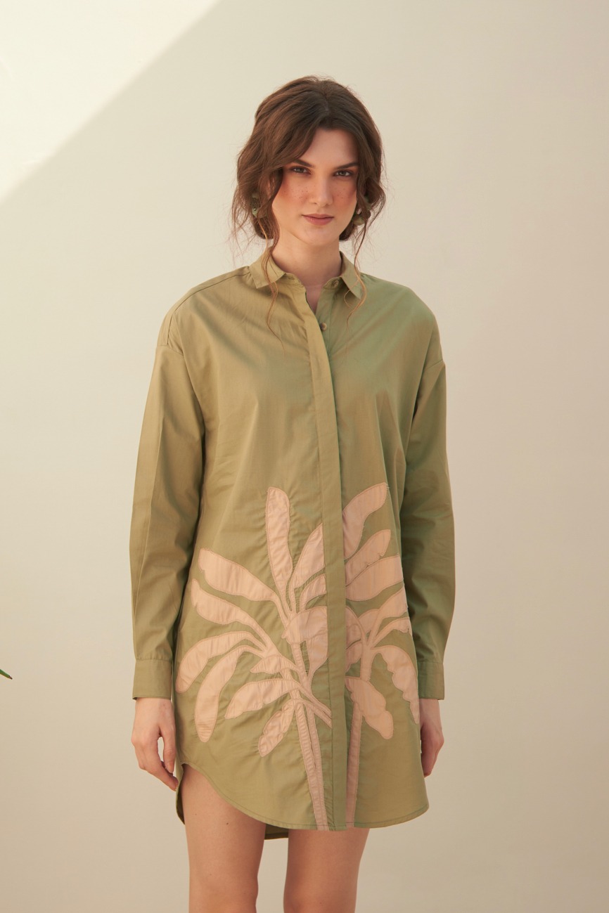 MALIBU LIGHT OLIVE COTTON POPLIN KNEE LENGTH SUMMER DRESS WITH FULL SLEEVES  APPLIQU EMBROIDERY