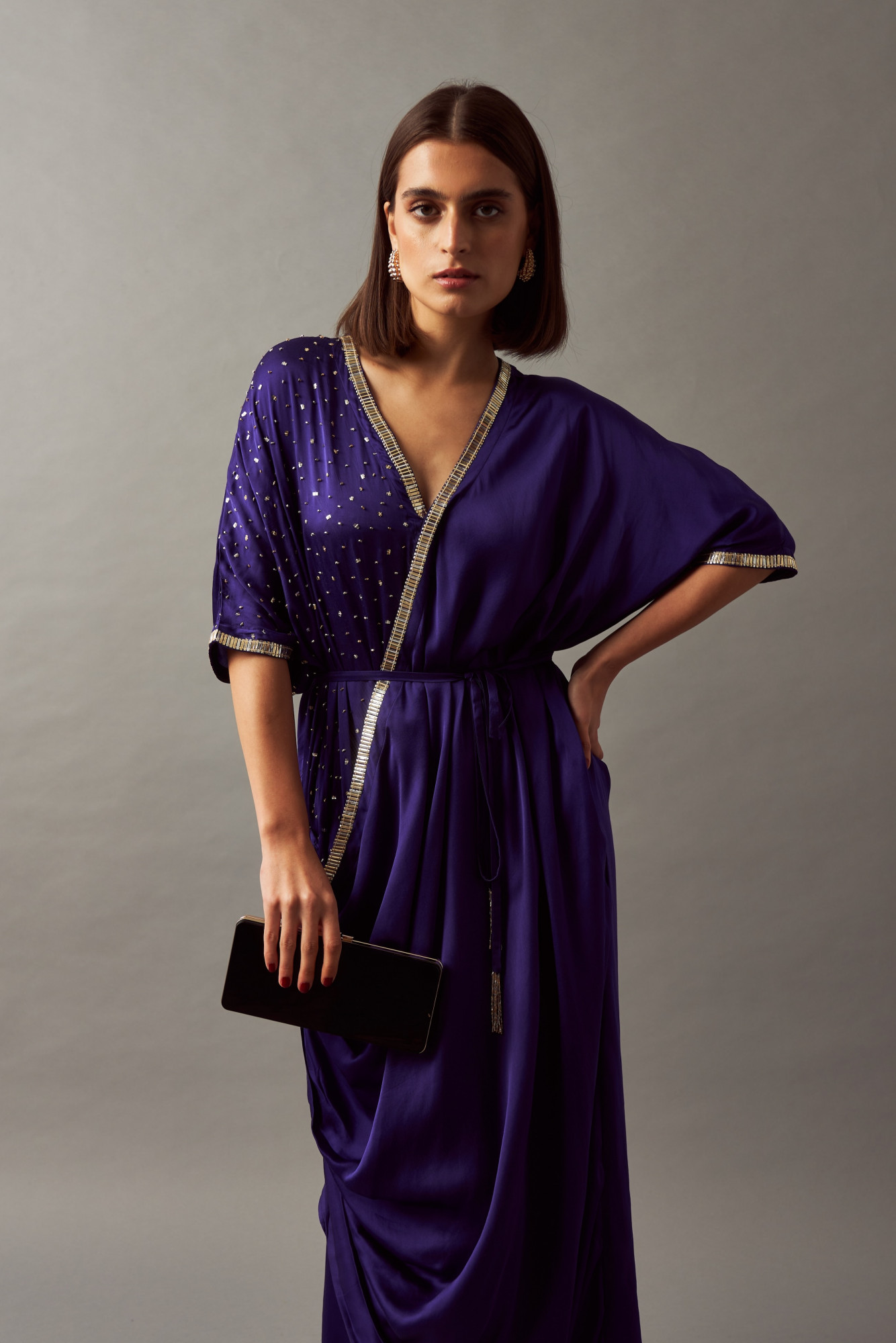 LEILA 02 INDIGO BLUE COLOR MIDI LENGTH DRAPE DRESS WITH SASH