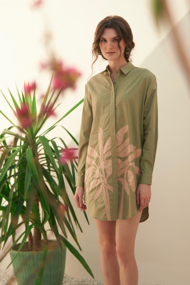 MALIBU LIGHT OLIVE COTTON POPLIN KNEE LENGTH SUMMER DRESS WITH FULL SLEEVES APPLIQU EMBROIDERY