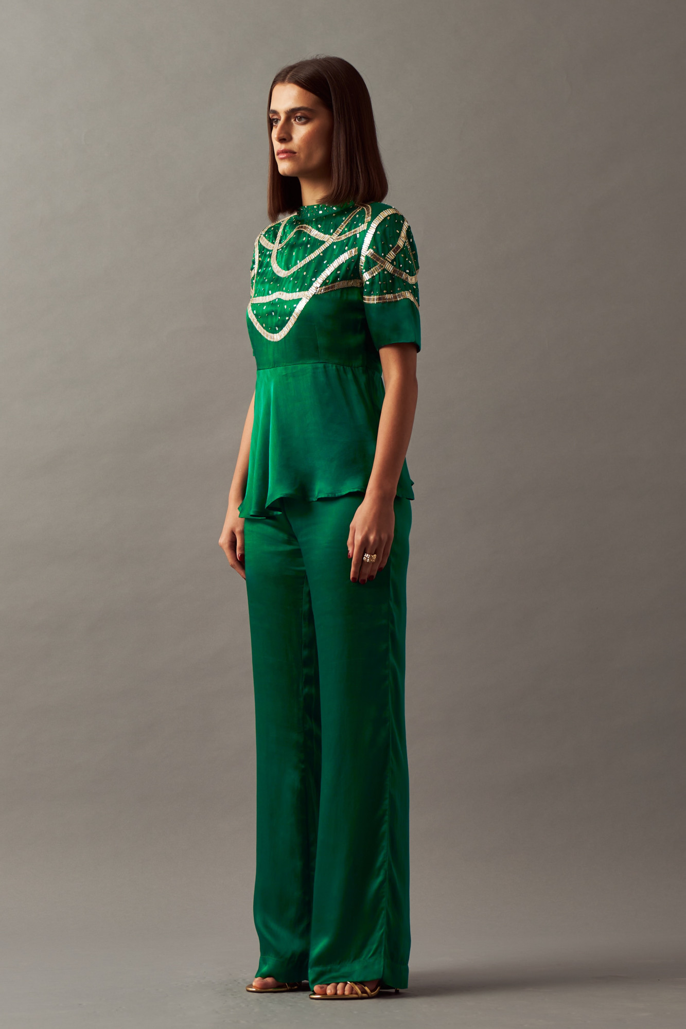 LEILA 02 SOLID GREEN COLOR PEPLUM TOP AND PANTS CO-ORD SET