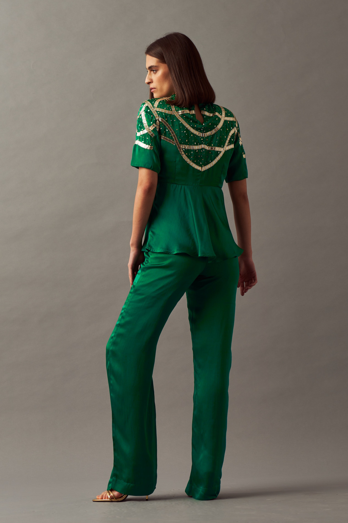 LEILA 02 SOLID GREEN COLOR PEPLUM TOP AND PANTS CO-ORD SET