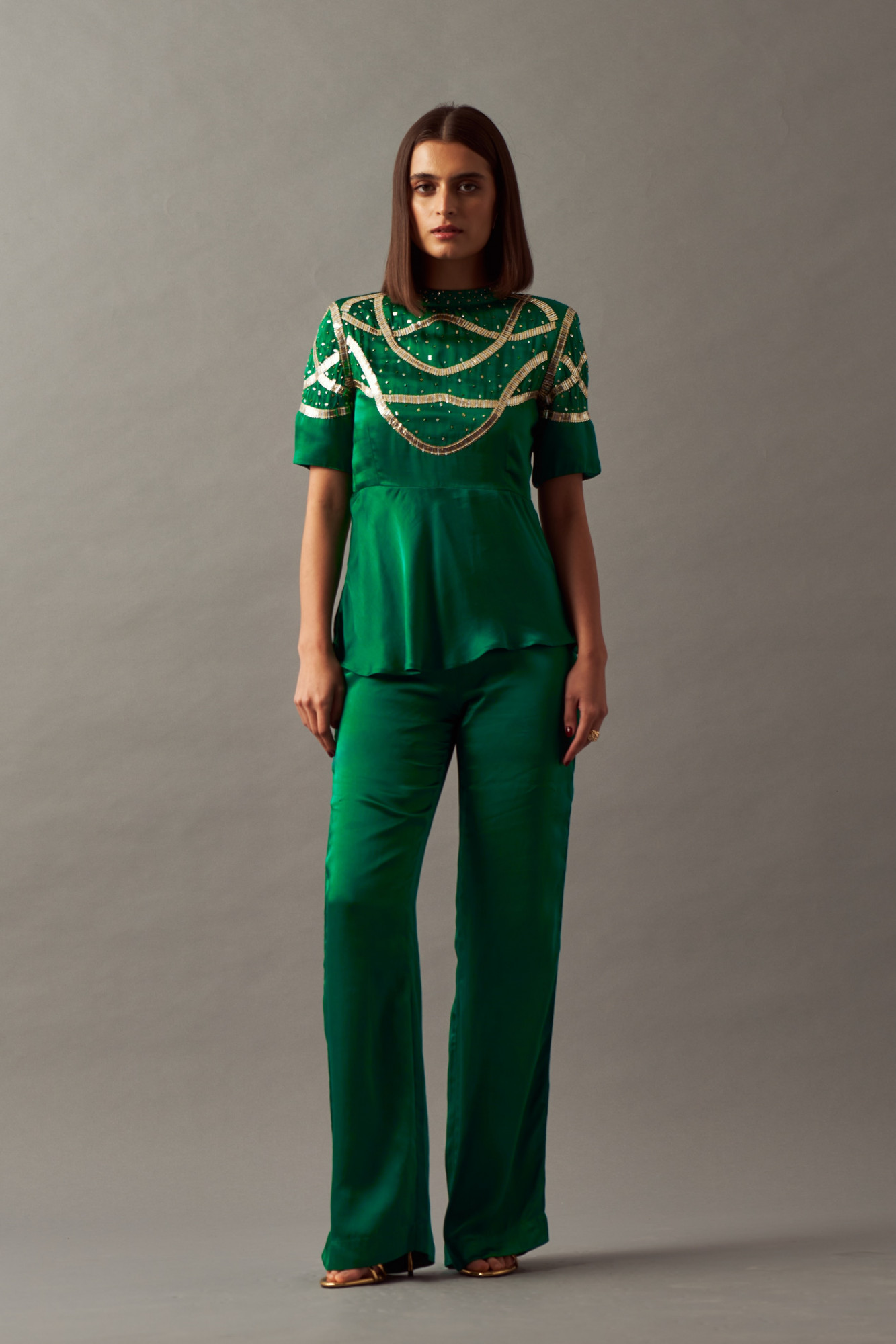 LEILA 02 SOLID GREEN COLOR PEPLUM TOP AND PANTS CO-ORD SET