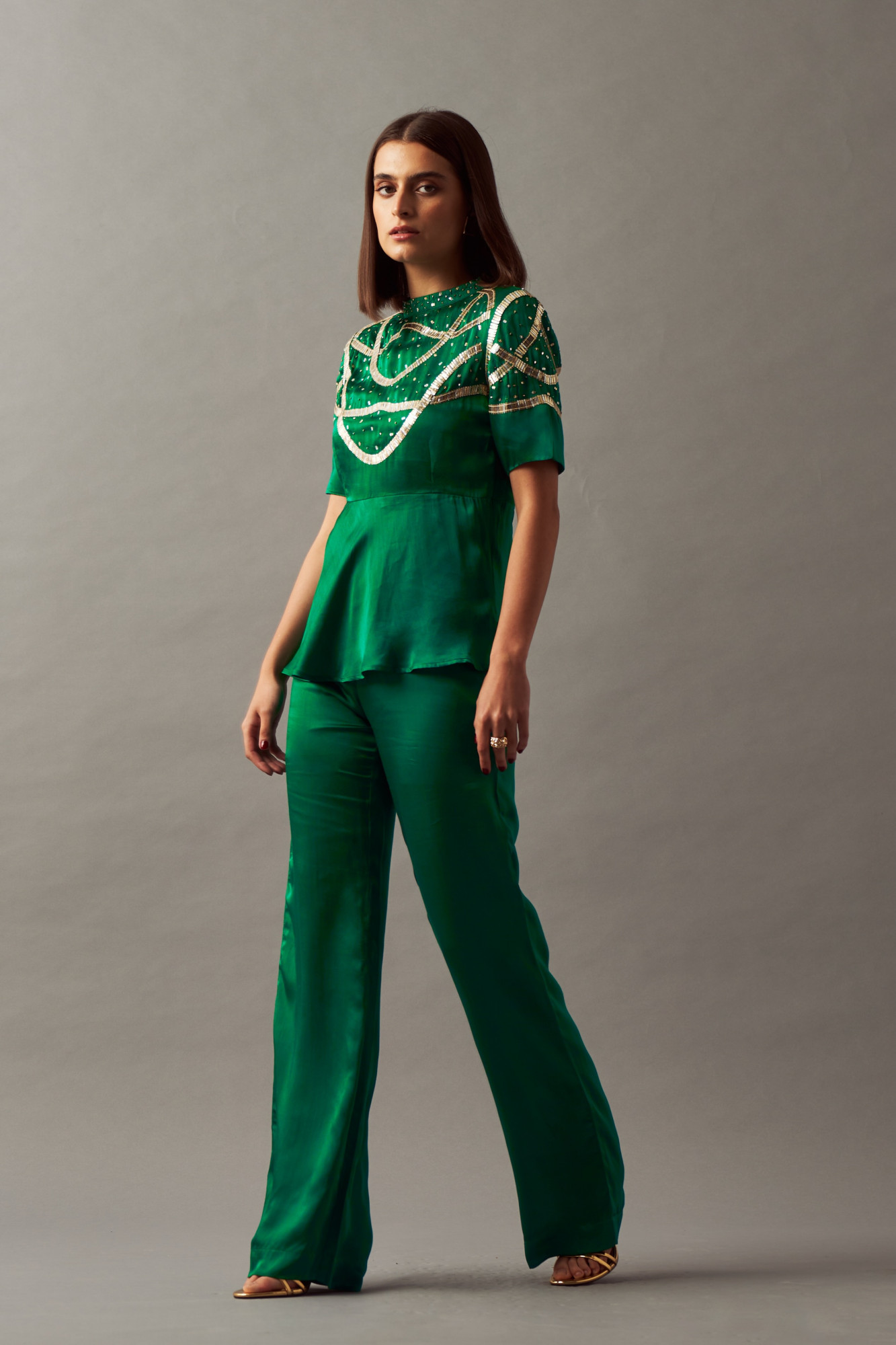 LEILA 02 SOLID GREEN COLOR PEPLUM TOP AND PANTS CO-ORD SET