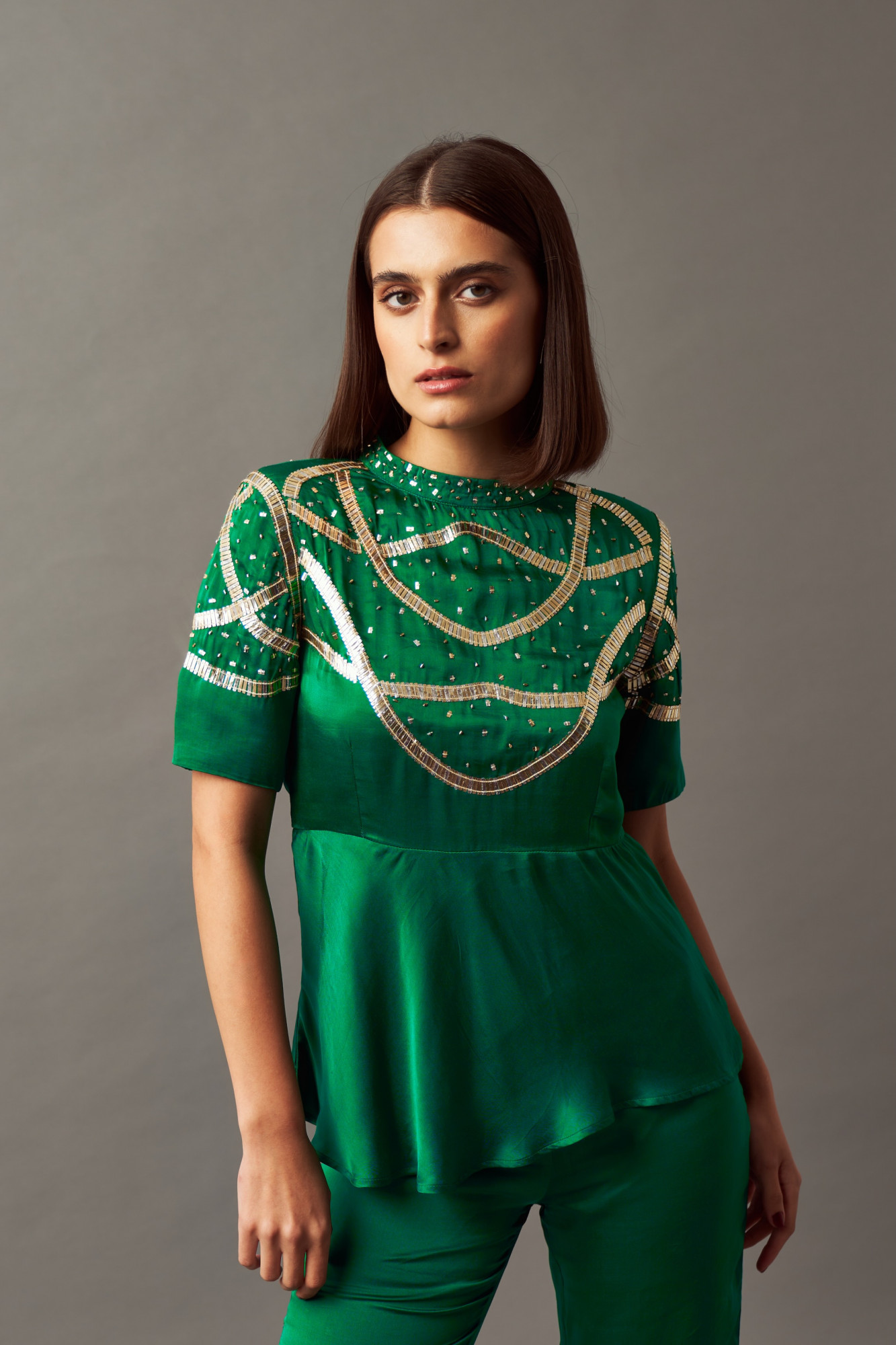 LEILA 02 SOLID GREEN COLOR PEPLUM TOP AND PANTS CO-ORD SET