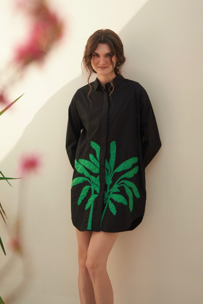 MALIBU BLACK COTTON POPLIN KNEE LENGTH SUMMER DRESS WITH FULL SLEEVES APPLIQU EMBROIDERY