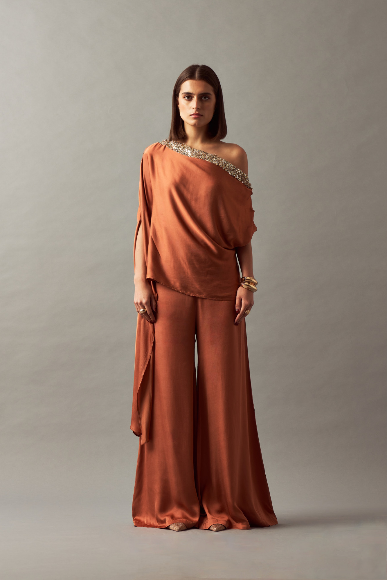 LEILA 02 RUST COLOR CO-ORD SET WITH OFF SHOULDER TOP AND FLARED PANTS
