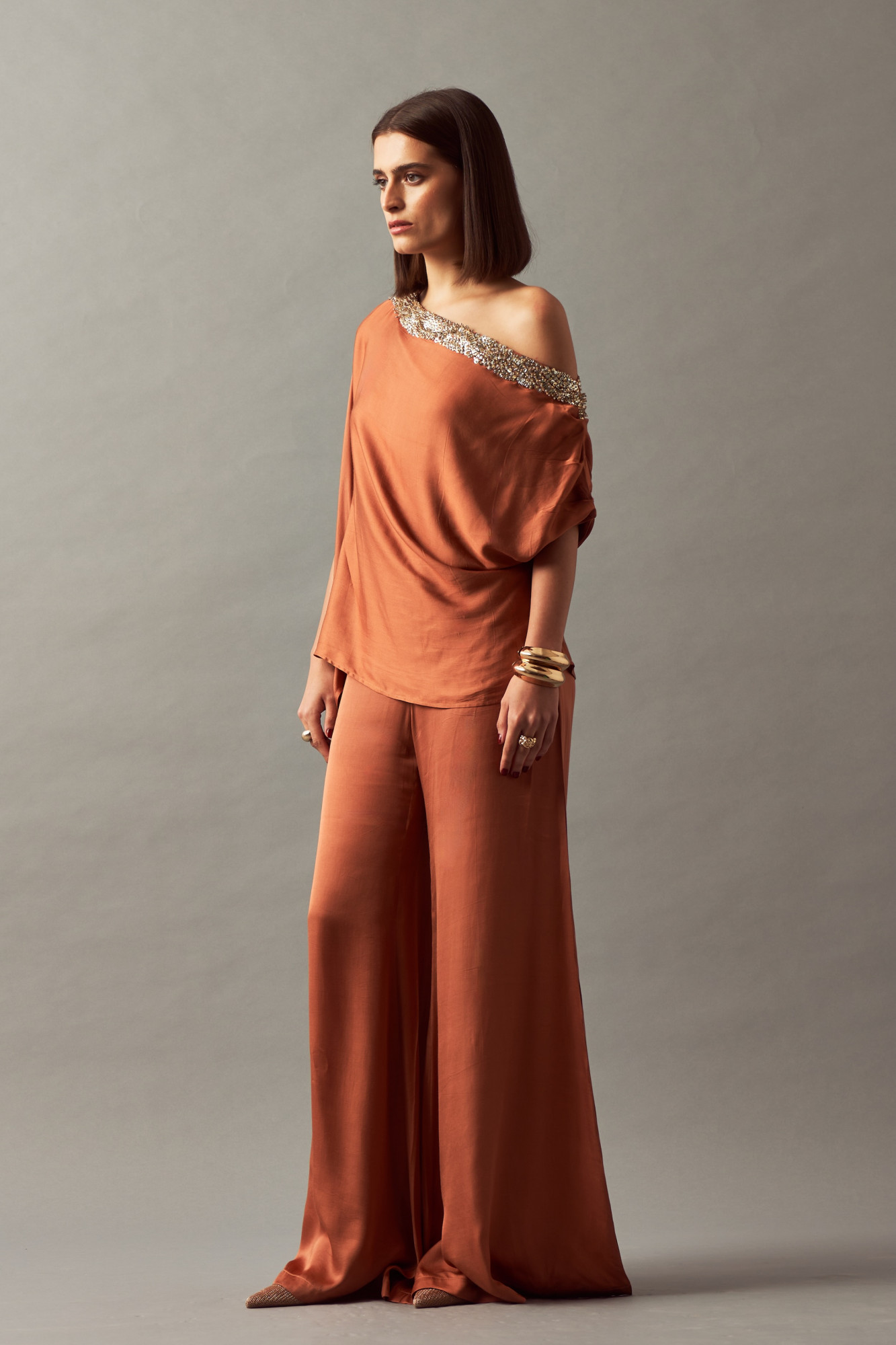 LEILA 02 RUST COLOR CO-ORD SET WITH OFF SHOULDER TOP AND FLARED PANTS