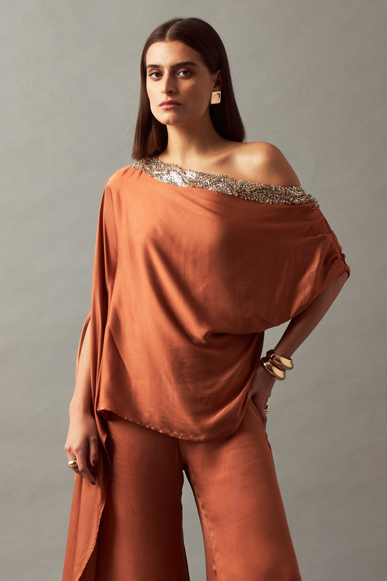 LEILA 02 RUST COLOR CO-ORD SET WITH OFF SHOULDER TOP AND FLARED PANTS