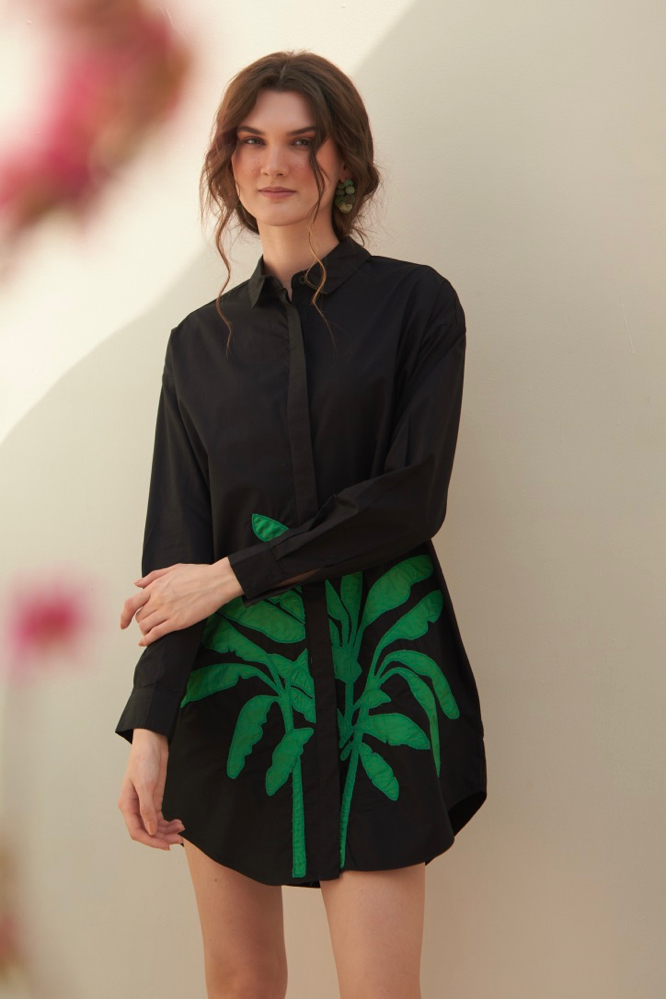 MALIBU BLACK COTTON POPLIN KNEE LENGTH SUMMER DRESS WITH FULL SLEEVES APPLIQU EMBROIDERY