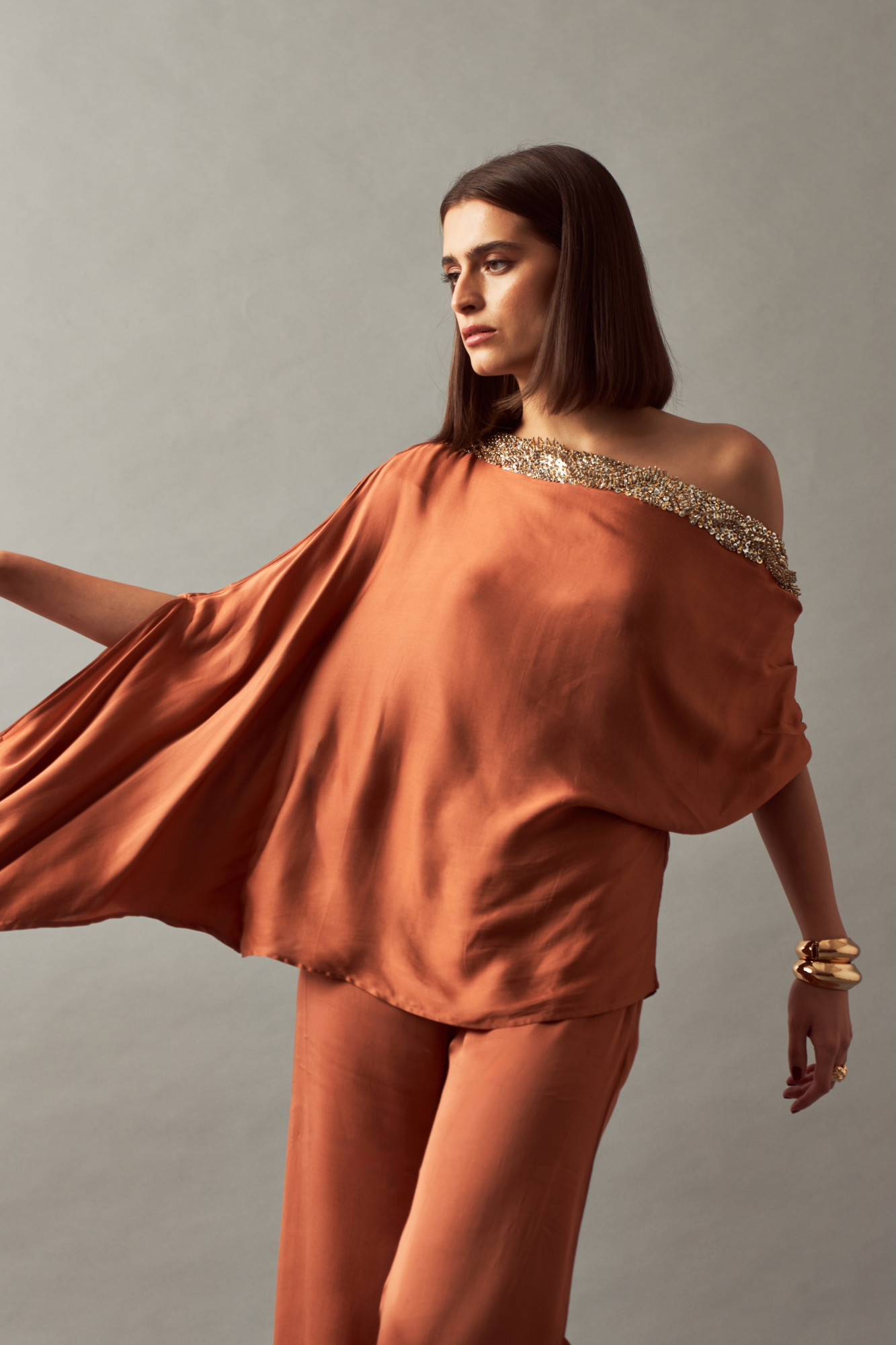 LEILA 02 RUST COLOR CO-ORD SET WITH OFF SHOULDER TOP AND FLARED PANTS