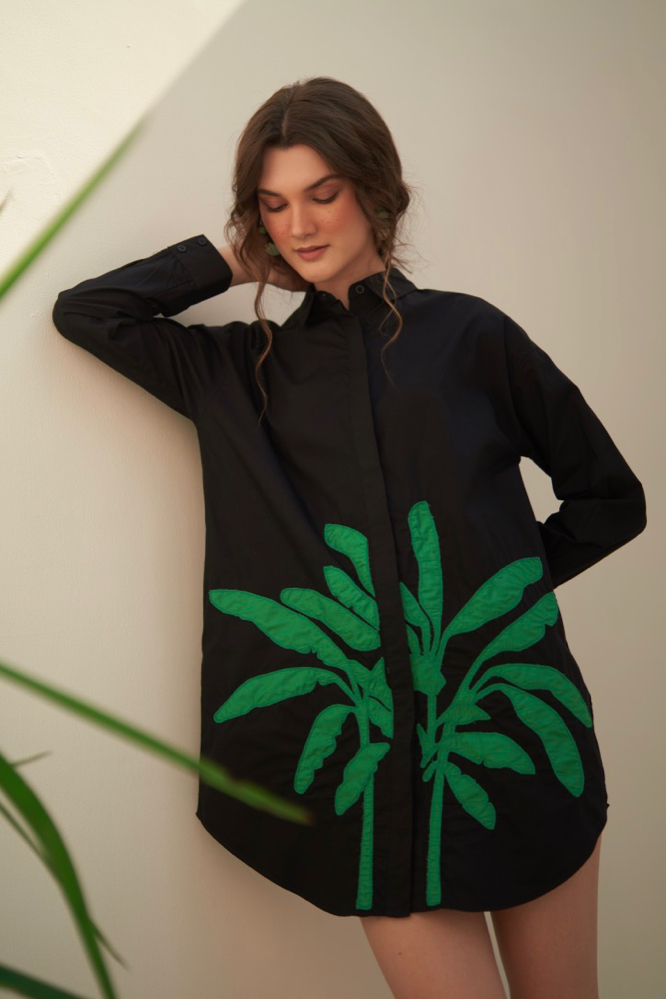 MALIBU BLACK COTTON POPLIN KNEE LENGTH SUMMER DRESS WITH FULL SLEEVES APPLIQU EMBROIDERY