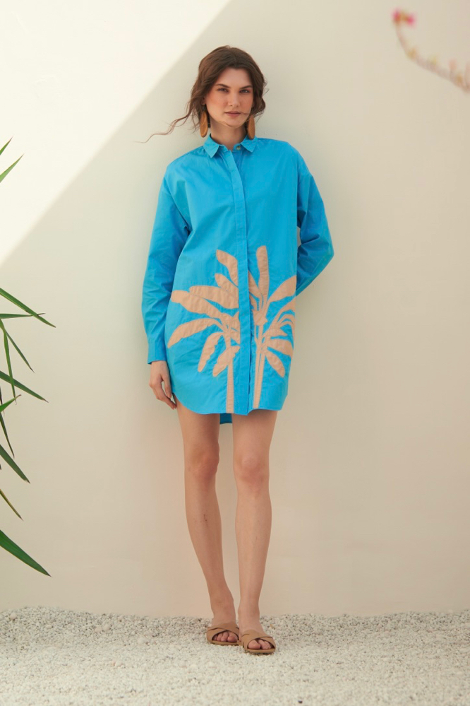MALIBU TURQUOISE COTTON POPLIN KNEE LENGTH SHIRT SUMMER DRESS WITH FULL SLEEVES APPLIQU EMBROIDERY