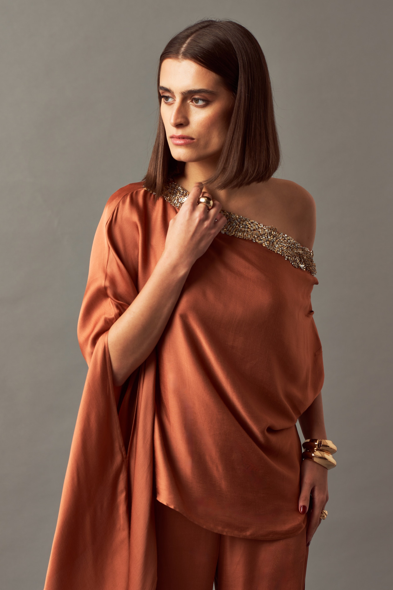 LEILA 02 RUST COLOR CO-ORD SET WITH OFF SHOULDER TOP AND FLARED PANTS