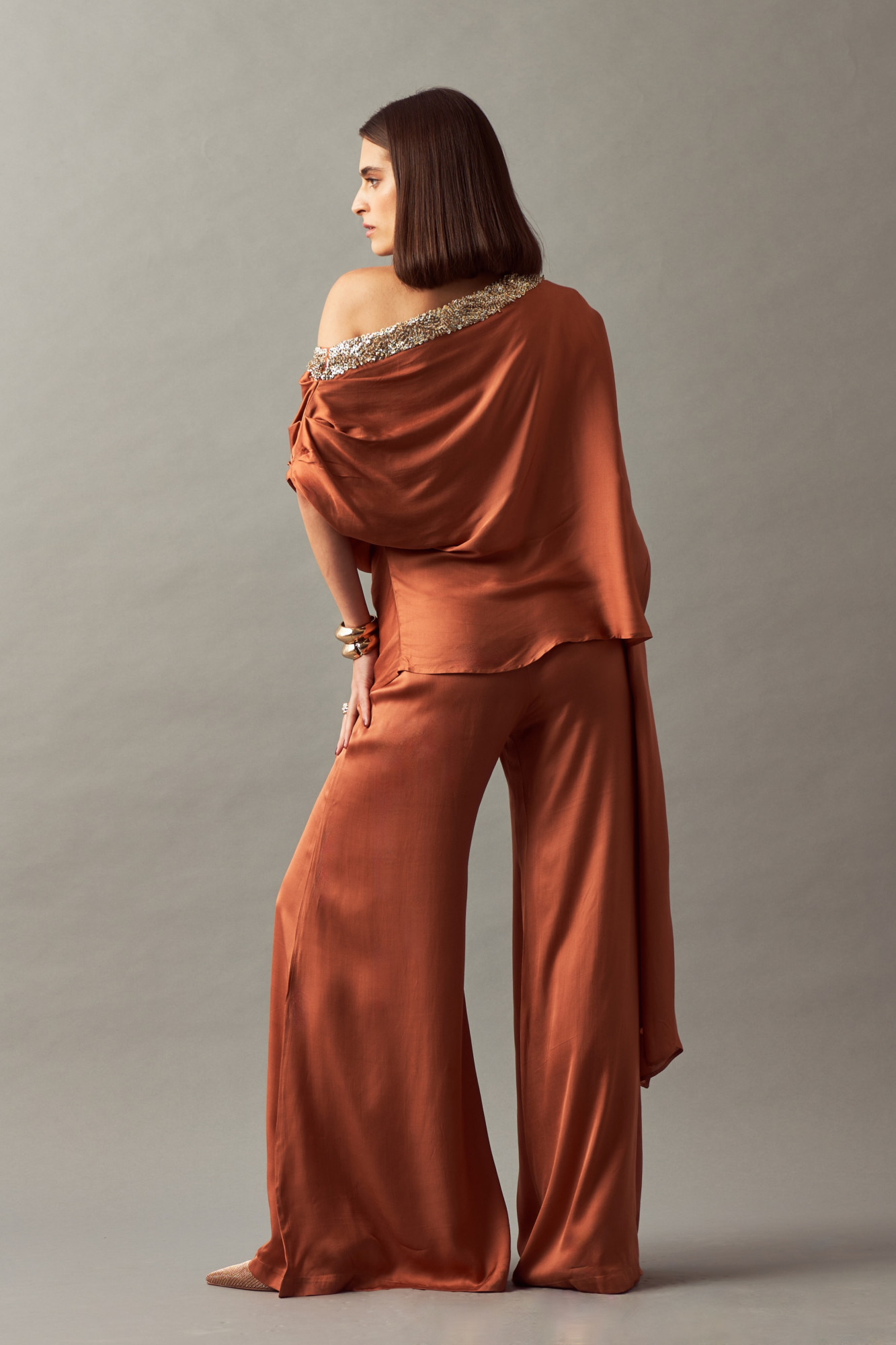 LEILA 02 RUST COLOR CO-ORD SET WITH OFF SHOULDER TOP AND FLARED PANTS