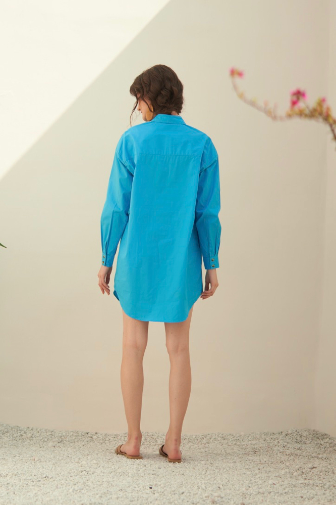 MALIBU TURQUOISE COTTON POPLIN KNEE LENGTH SHIRT SUMMER DRESS WITH FULL SLEEVES APPLIQU EMBROIDERY