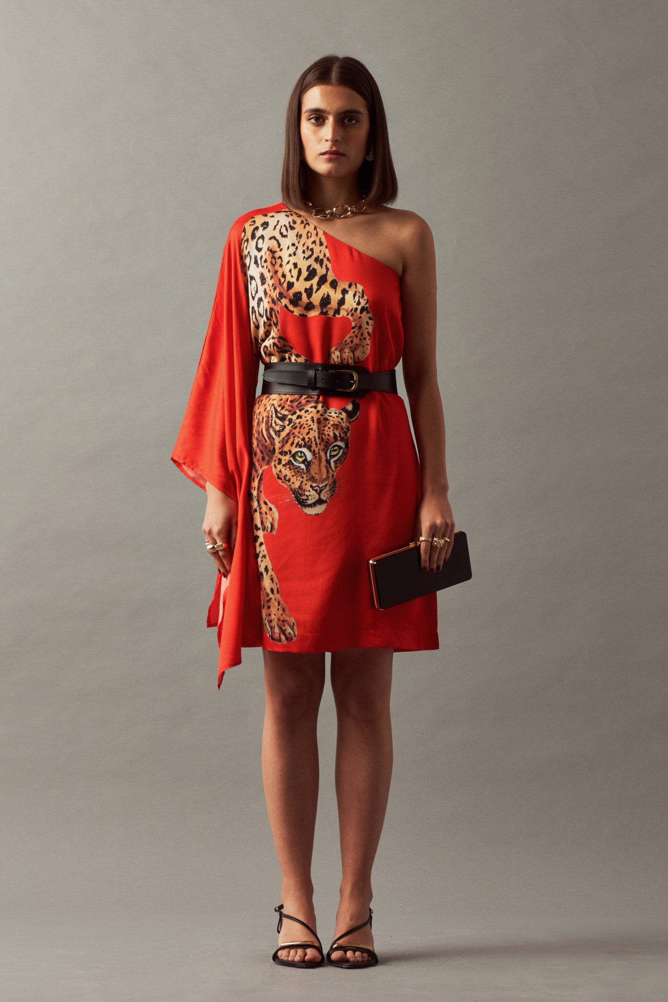 LEILA 02 RED LEOPARD PRINT ONE SIDE SHOULDER STATEMENT DRESS WITH LEATHER BELT