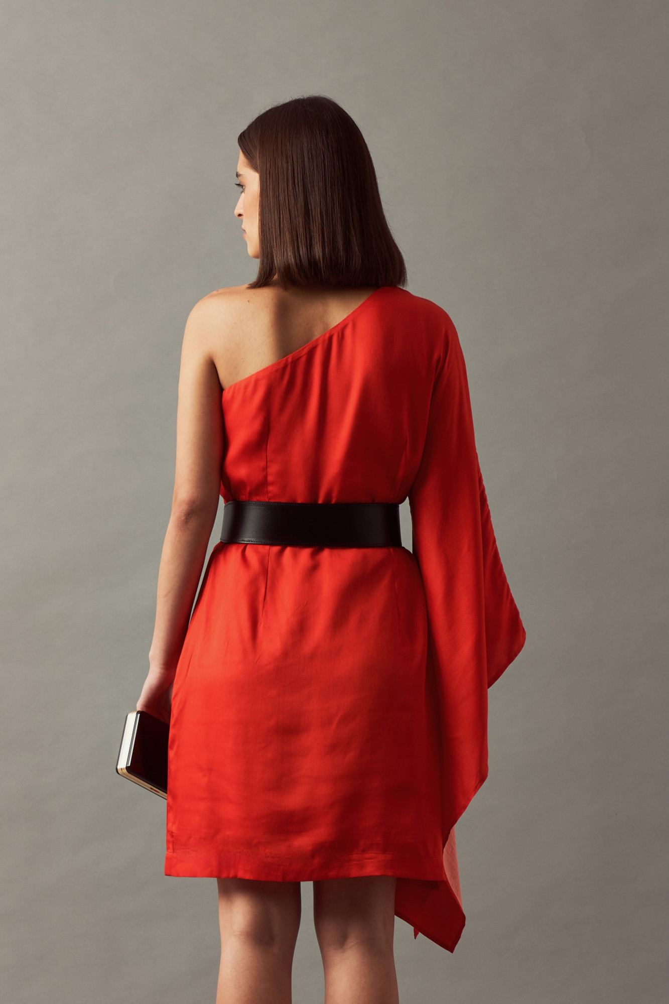 LEILA 02 RED LEOPARD PRINT ONE SIDE SHOULDER STATEMENT DRESS WITH LEATHER BELT