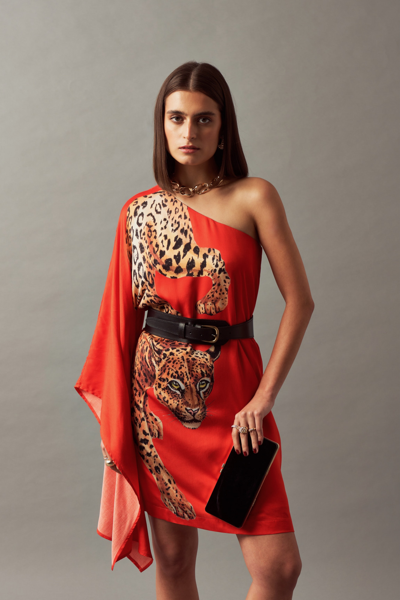 LEILA 02 RED LEOPARD PRINT ONE SIDE SHOULDER STATEMENT DRESS WITH LEATHER BELT