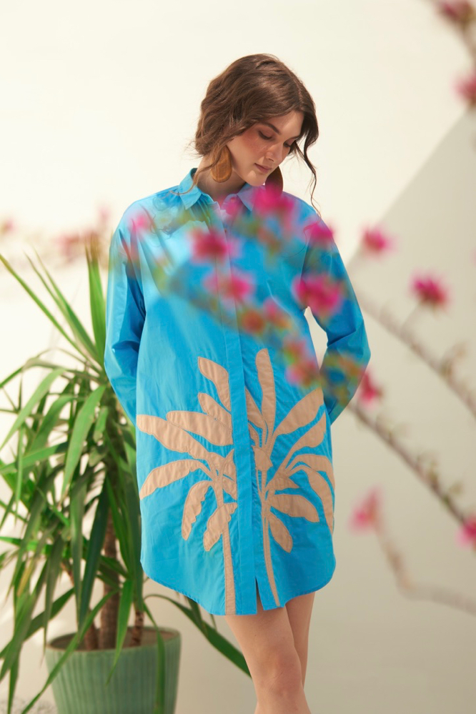 MALIBU TURQUOISE COTTON POPLIN KNEE LENGTH SHIRT SUMMER DRESS WITH FULL SLEEVES APPLIQU EMBROIDERY