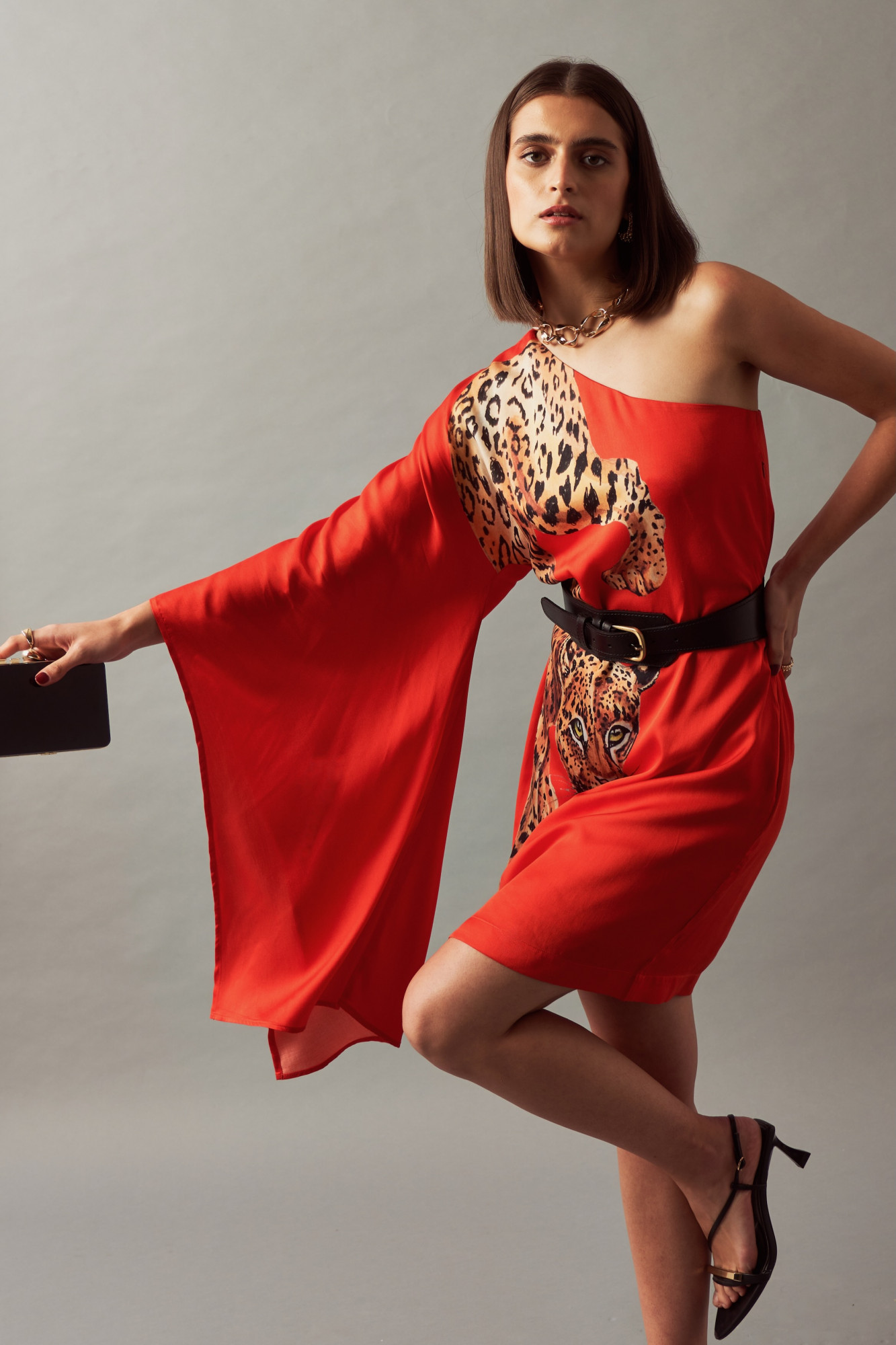 LEILA 02 RED LEOPARD PRINT ONE SIDE SHOULDER STATEMENT DRESS WITH LEATHER BELT