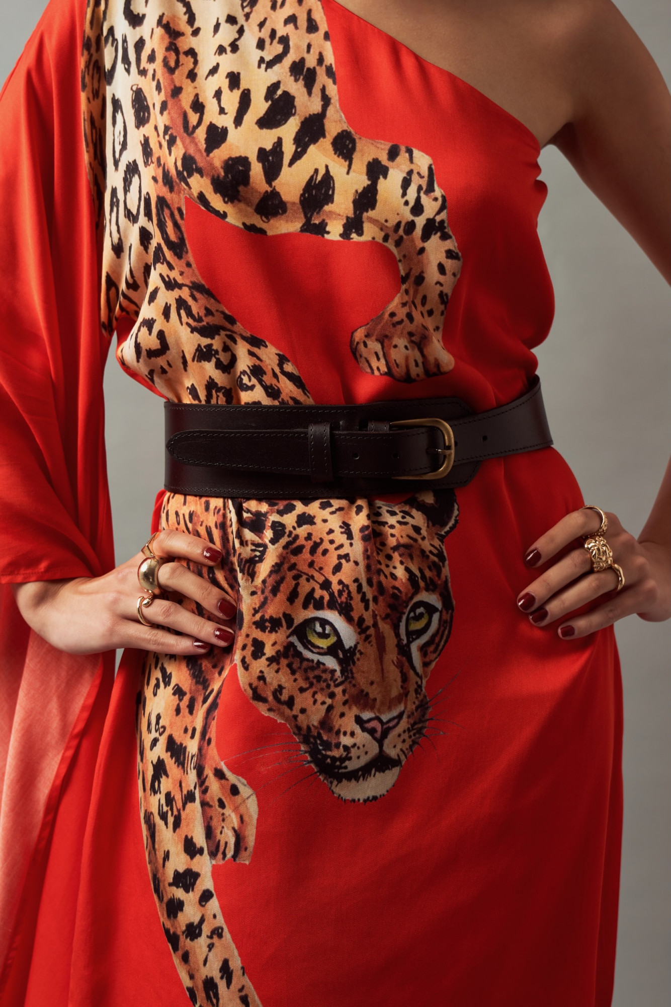 LEILA 02 RED LEOPARD PRINT ONE SIDE SHOULDER STATEMENT DRESS WITH LEATHER BELT