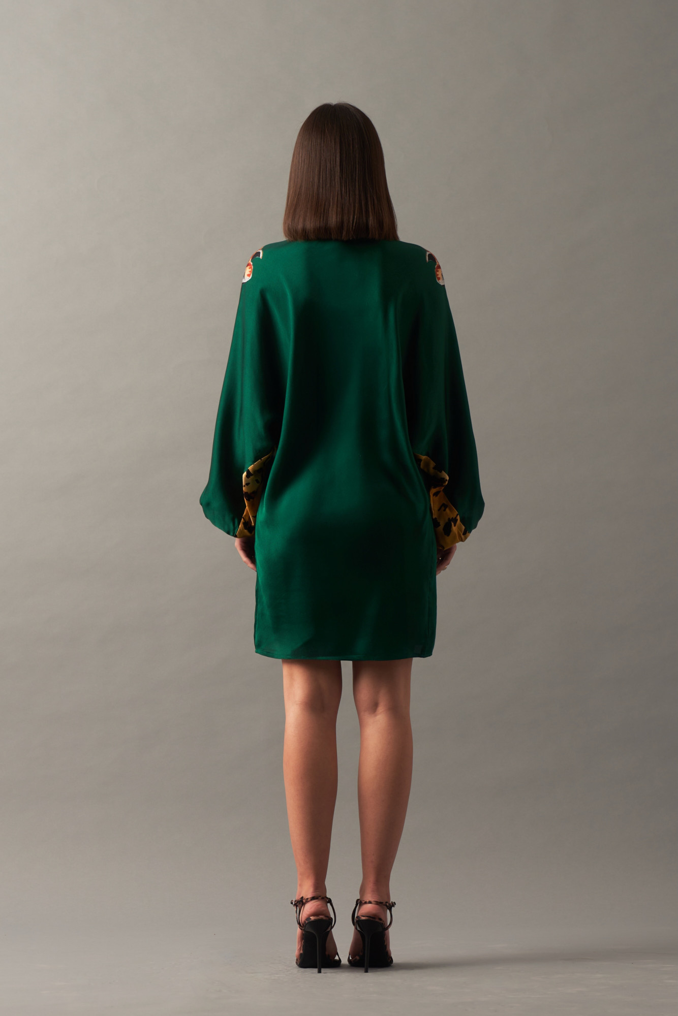 LEILA 02 BOTTLE GREEN COLOR LEOPARD PRINT SHIRT DRESS