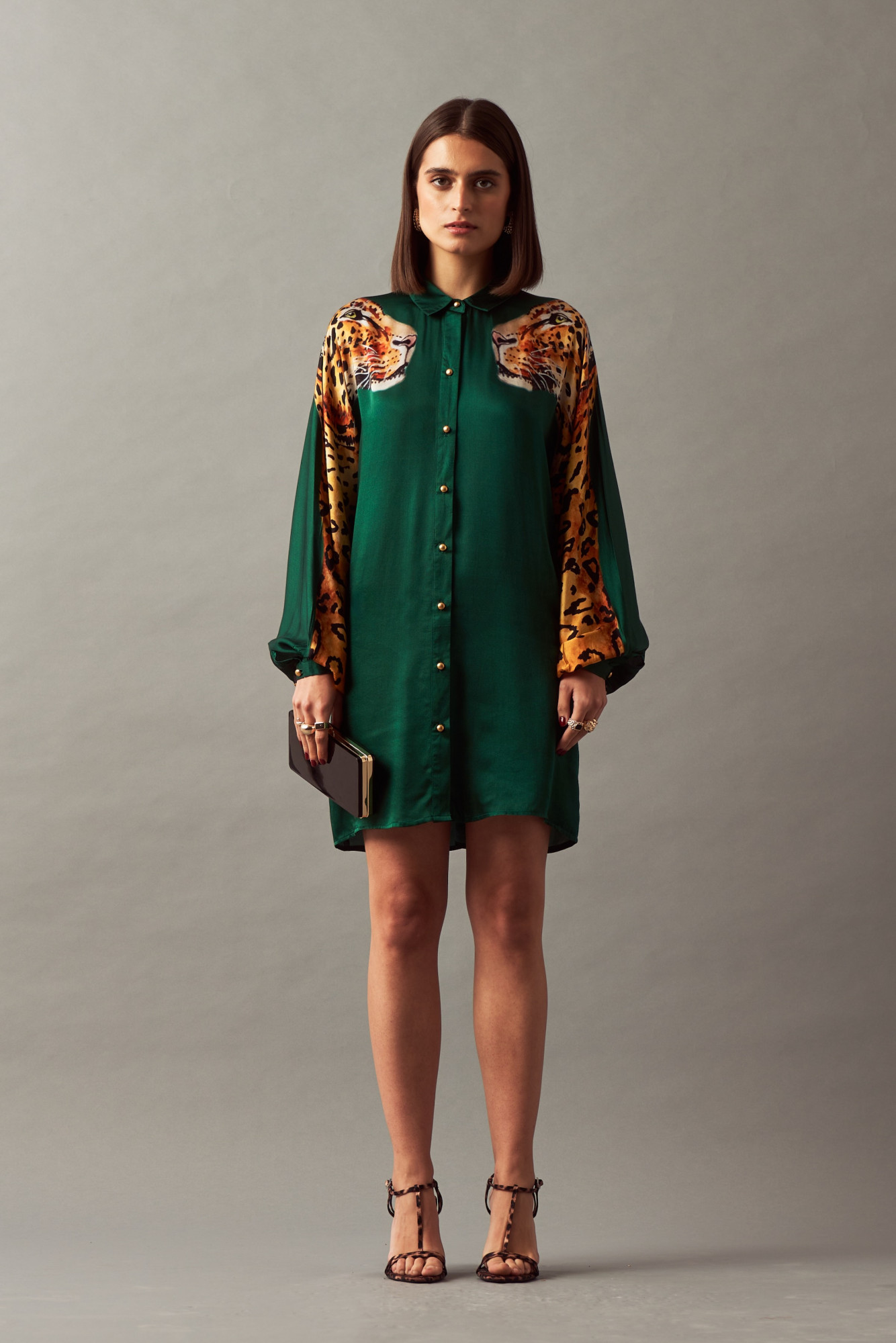 LEILA 02 BOTTLE GREEN COLOR LEOPARD PRINT SHIRT DRESS