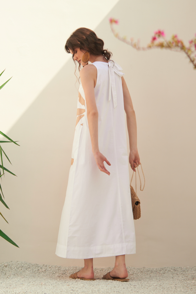 MALIBU WHITE COTTON POPLIN MAXI SLEEVELESS SUMMER DRESS WITH PALM TREE APPLIQU HAND EMBROIDERY