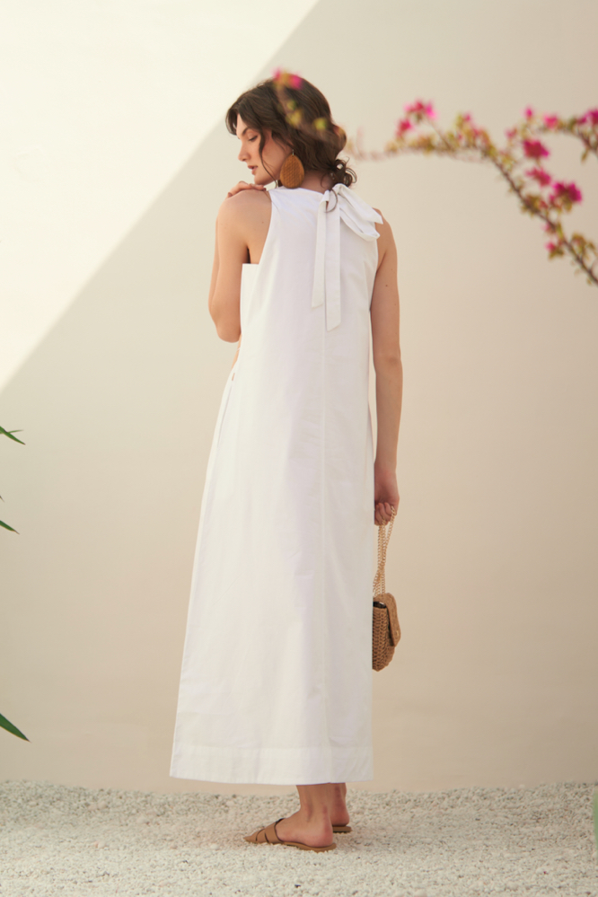 MALIBU WHITE COTTON POPLIN MAXI SLEEVELESS SUMMER DRESS WITH PALM TREE APPLIQU HAND EMBROIDERY