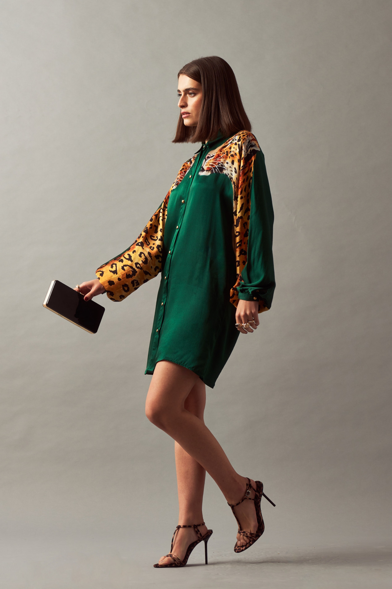 LEILA 02 BOTTLE GREEN COLOR LEOPARD PRINT SHIRT DRESS