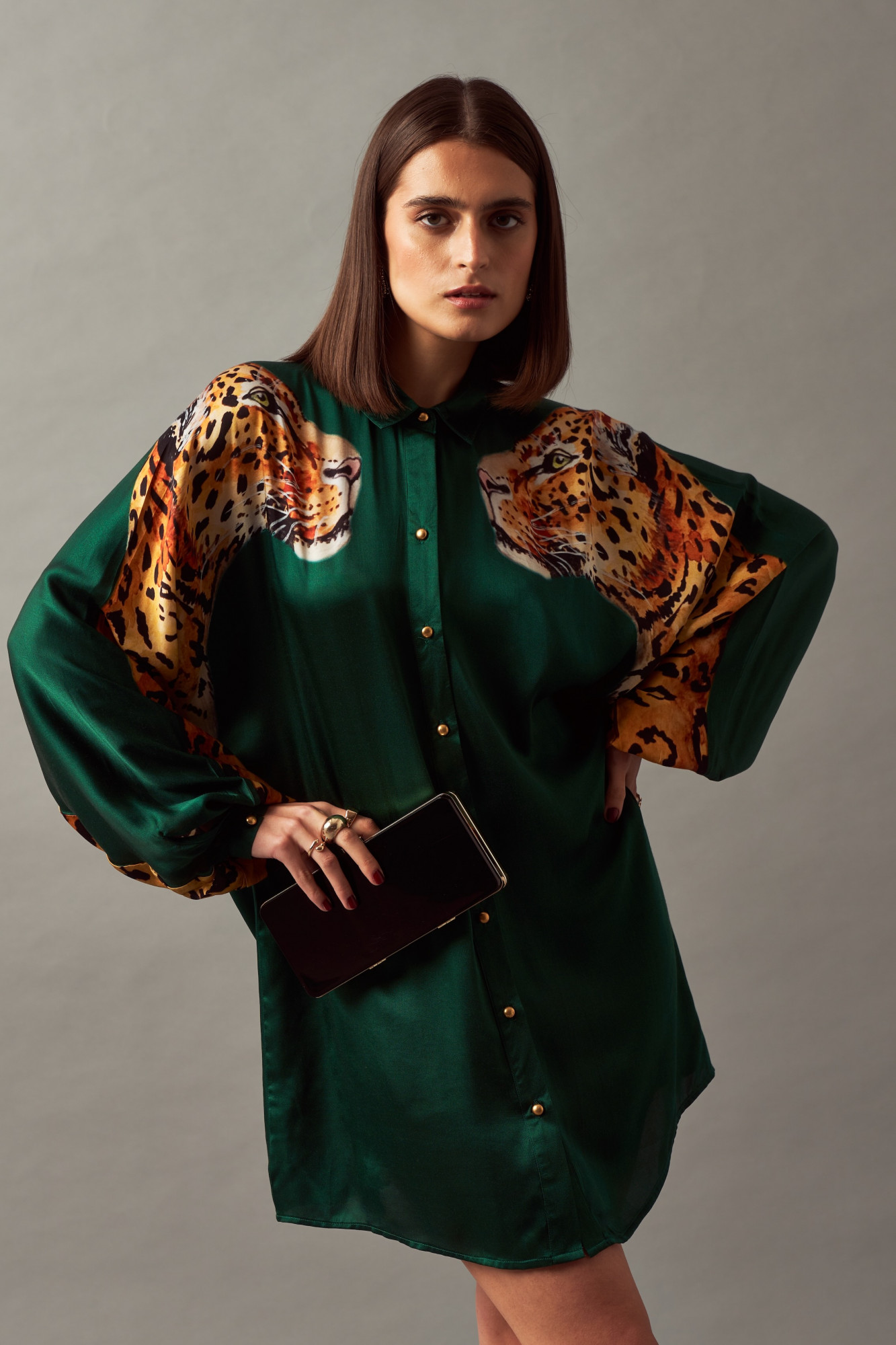 LEILA 02 BOTTLE GREEN COLOR LEOPARD PRINT SHIRT DRESS