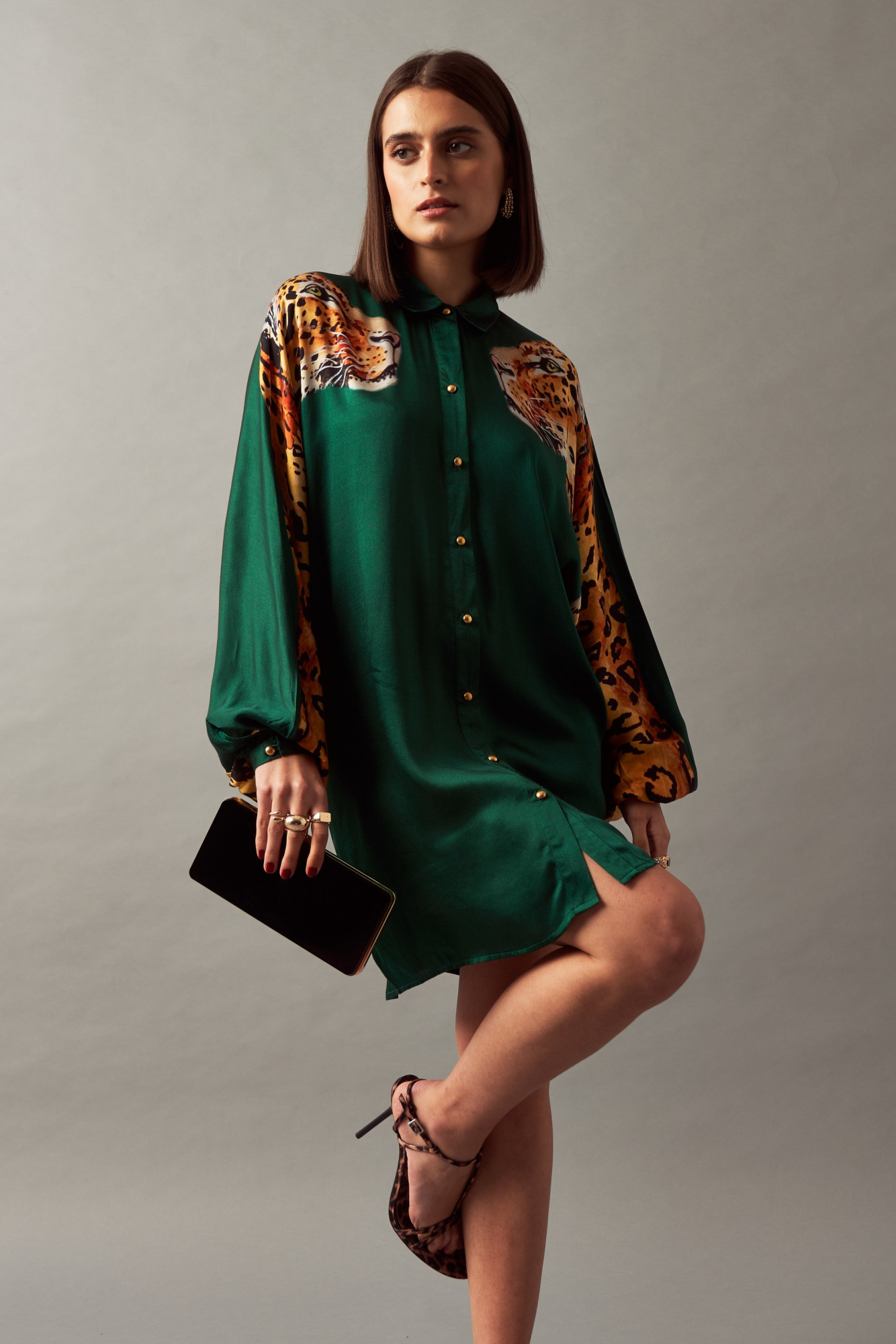 LEILA 02 BOTTLE GREEN COLOR LEOPARD PRINT SHIRT DRESS