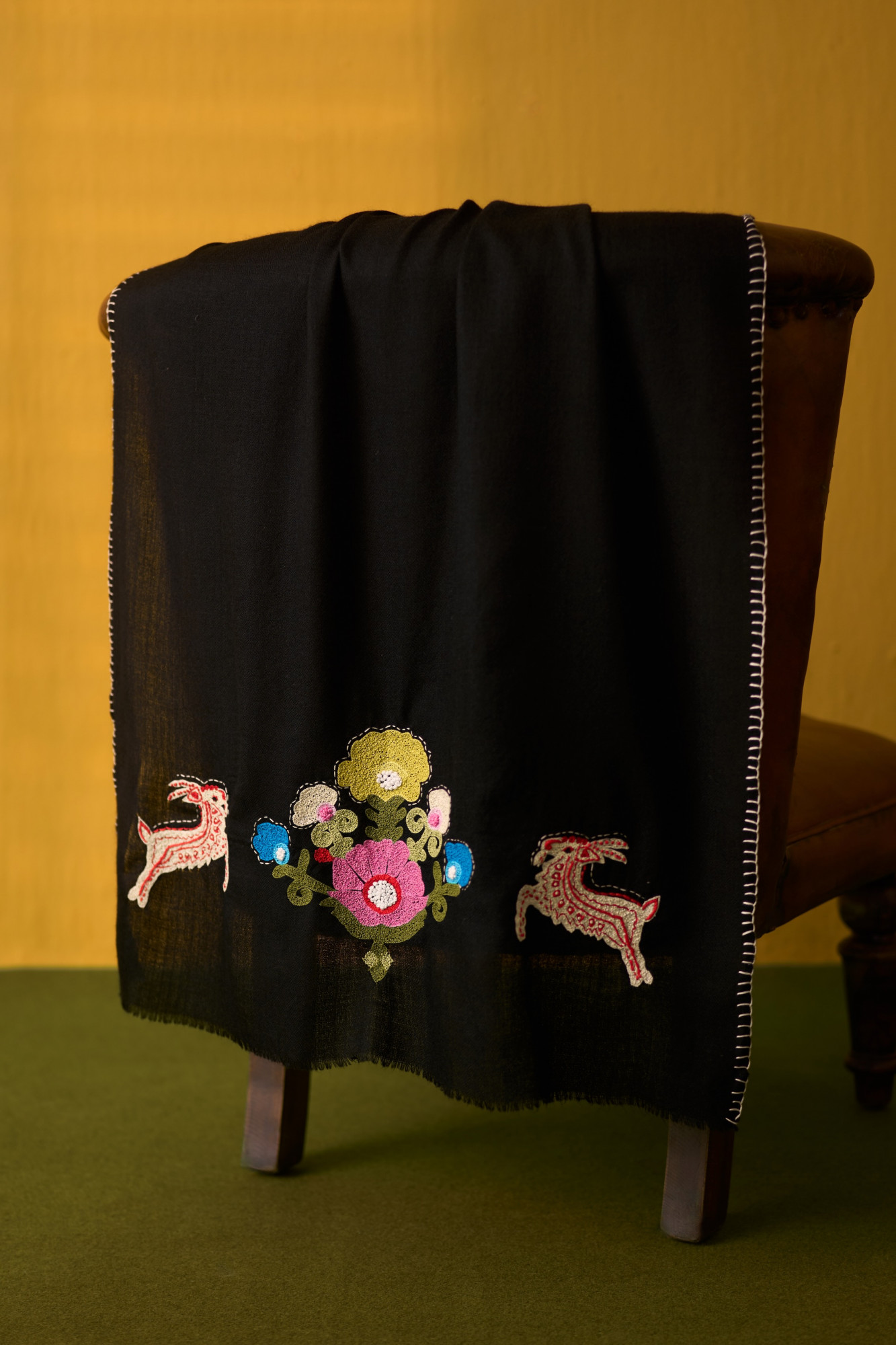 NOMADS BLACK CASHMERE FLORA FAUNA EMBROIDERED STOLE