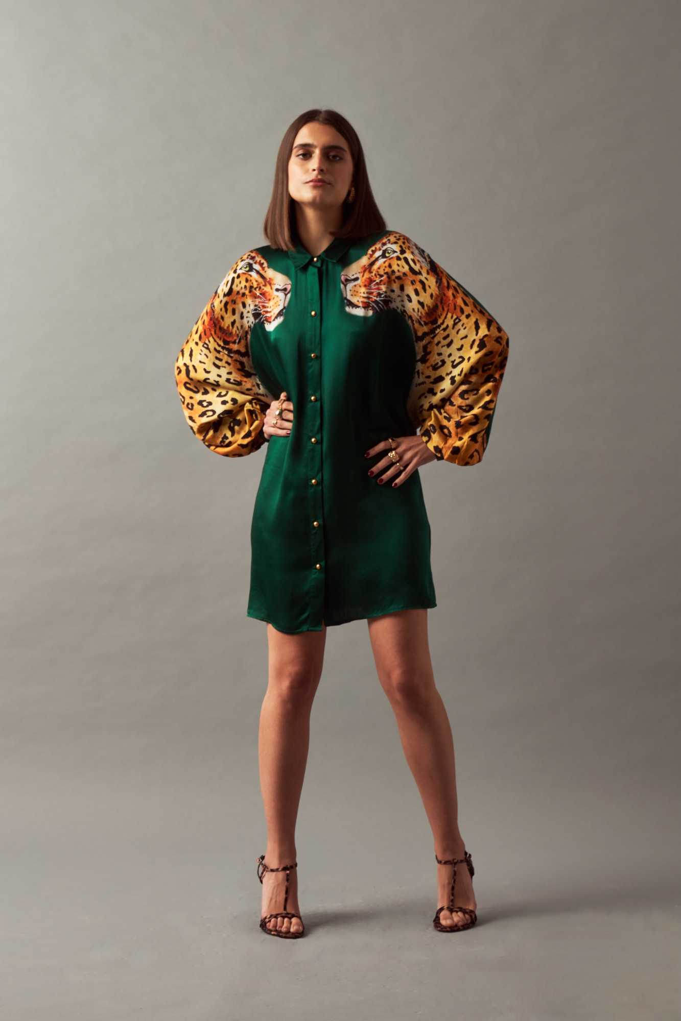 LEILA 02 BOTTLE GREEN COLOR LEOPARD PRINT SHIRT DRESS