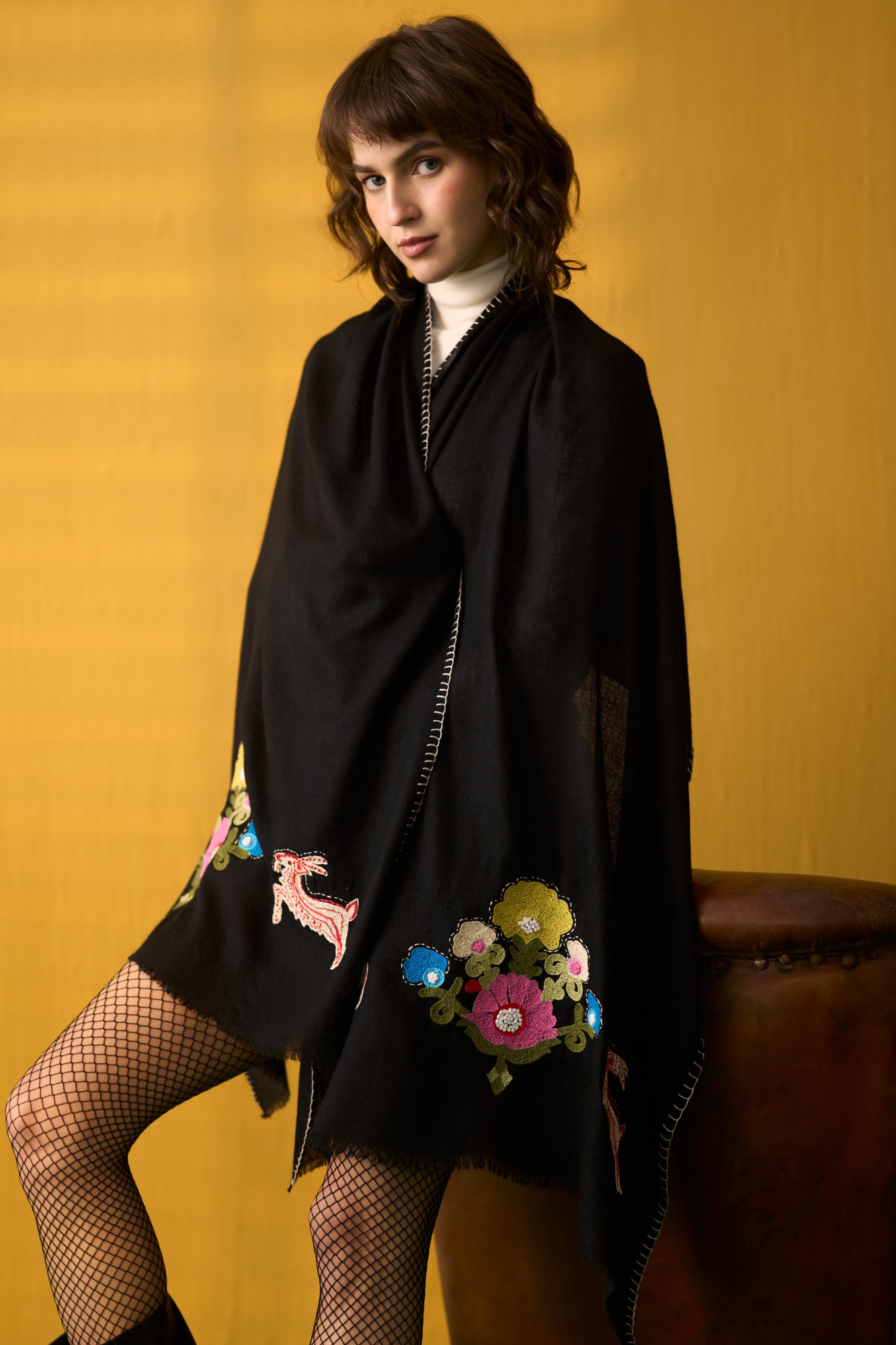 NOMADS BLACK CASHMERE FLORA  FAUNA EMBROIDERED STOLE