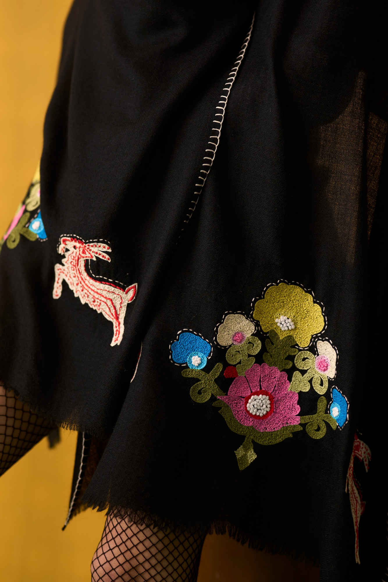 NOMADS BLACK CASHMERE FLORA FAUNA EMBROIDERED STOLE